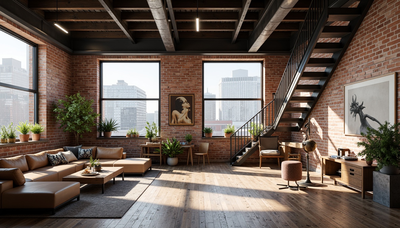 Prompt: Industrial chic loft, exposed brick walls, metal beams, reclaimed wood flooring, urban cityscape views, large windows, natural light pouring in, airy open space, minimalist decor, modern art pieces, sleek metal staircases, rustic wooden accents, distressed finishes, vintage decorative items, soft warm lighting, shallow depth of field, 1/1 composition, realistic textures, ambient occlusion.