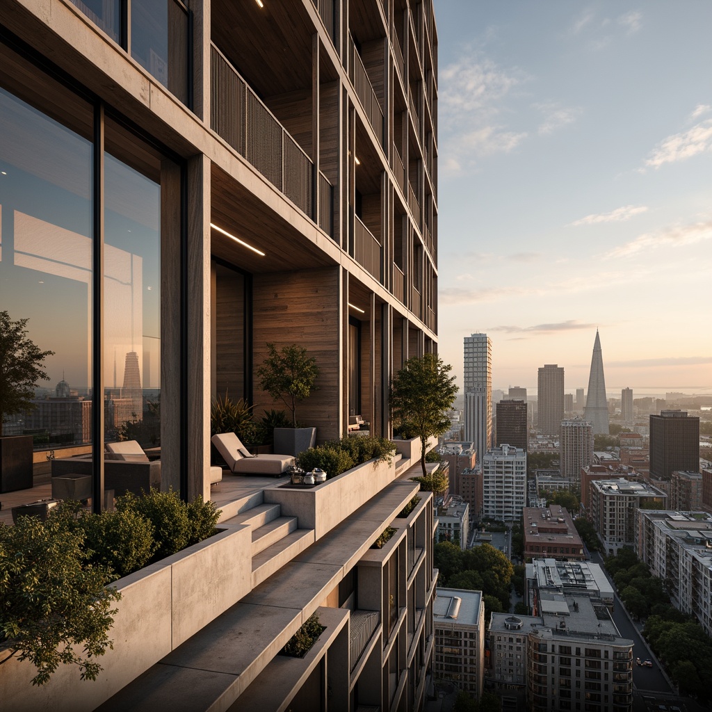 Prompt: Urban skyscraper, modern cityscape, sleek glass fa\u00e7ade, metallic accents, concrete foundation, Chukum wood paneling, natural textures, earthy tones, industrial chic aesthetic, exposed ductwork, minimalist decor, floor-to-ceiling windows, panoramic city views, warm golden lighting, shallow depth of field, 1/2 composition, realistic reflections, ambient occlusion.