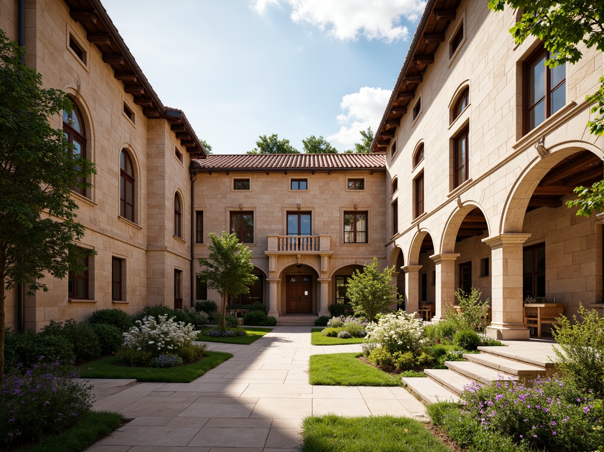 Prompt: Renaissance-style middle school building, ornate stone facade, classical arches, grand entrance, intricately carved wooden doors, decorative columns, symmetrical composition, warm beige stone walls, rustic red-tiled roofs, lush greenery, blooming flowers, tranquil courtyard, natural stone pathways, modern amenities, abundant natural light, soft warm lighting, shallow depth of field, 3/4 composition, realistic textures, ambient occlusion.