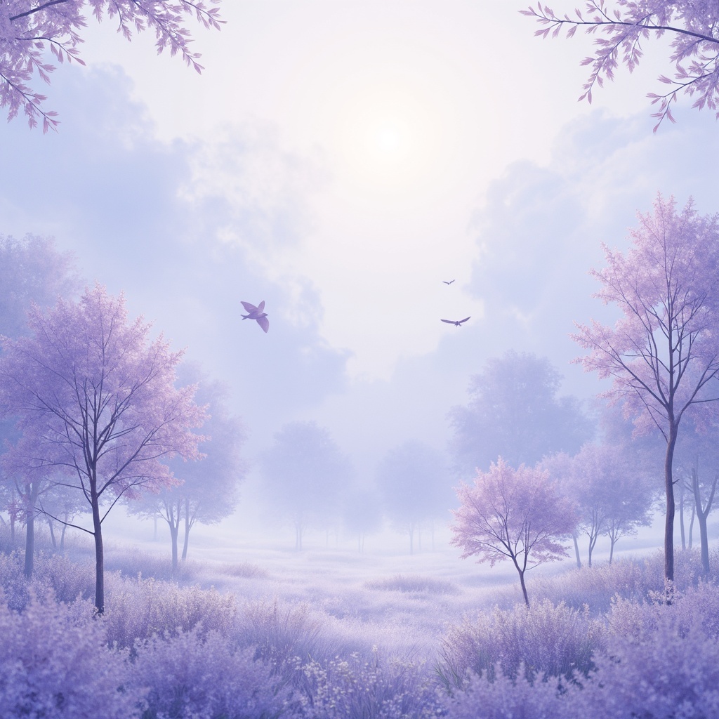 Prompt: Soft lavender blue hues, gentle misty atmosphere, serene natural scenery, subtle gradient transitions, dreamy ethereal quality, creamy whites, warm beige accents, delicate petal-like textures, intricate floral patterns, whimsical illustration style, hand-painted watercolor effect, shimmering iridescent highlights, luminous glowing ambiance, soft focus blur, 1/1 composition, intimate close-up shots, delicate lace details, vintage distressed finishes.