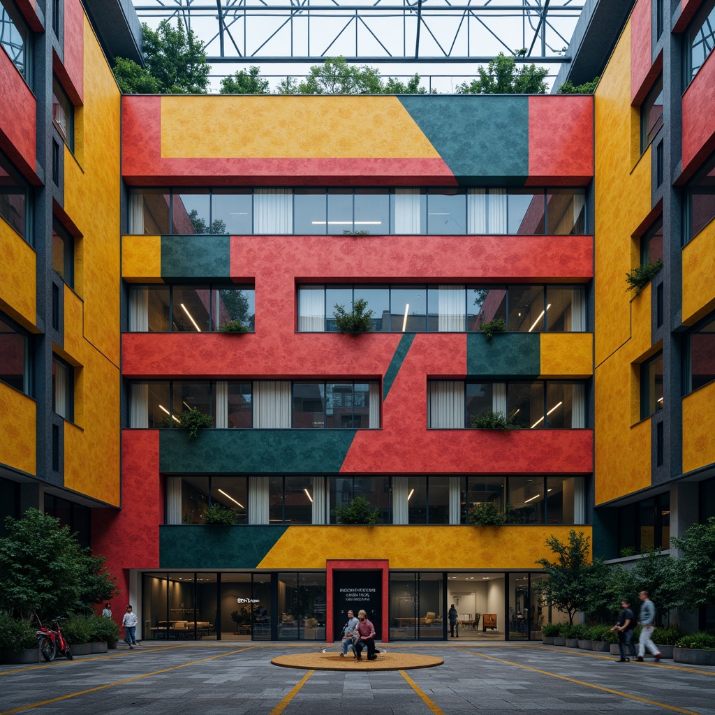 Prompt: Vibrant gymnasium facade, expressionist architecture, bold geometric shapes, dynamic angular lines, contrasting color blocks, abstract patterns, textured concrete walls, steel beams, industrial-style windows, asymmetrical composition, dramatic lighting effects, misty atmosphere, shallow depth of field, 1/1 composition, realistic textures, ambient occlusion.