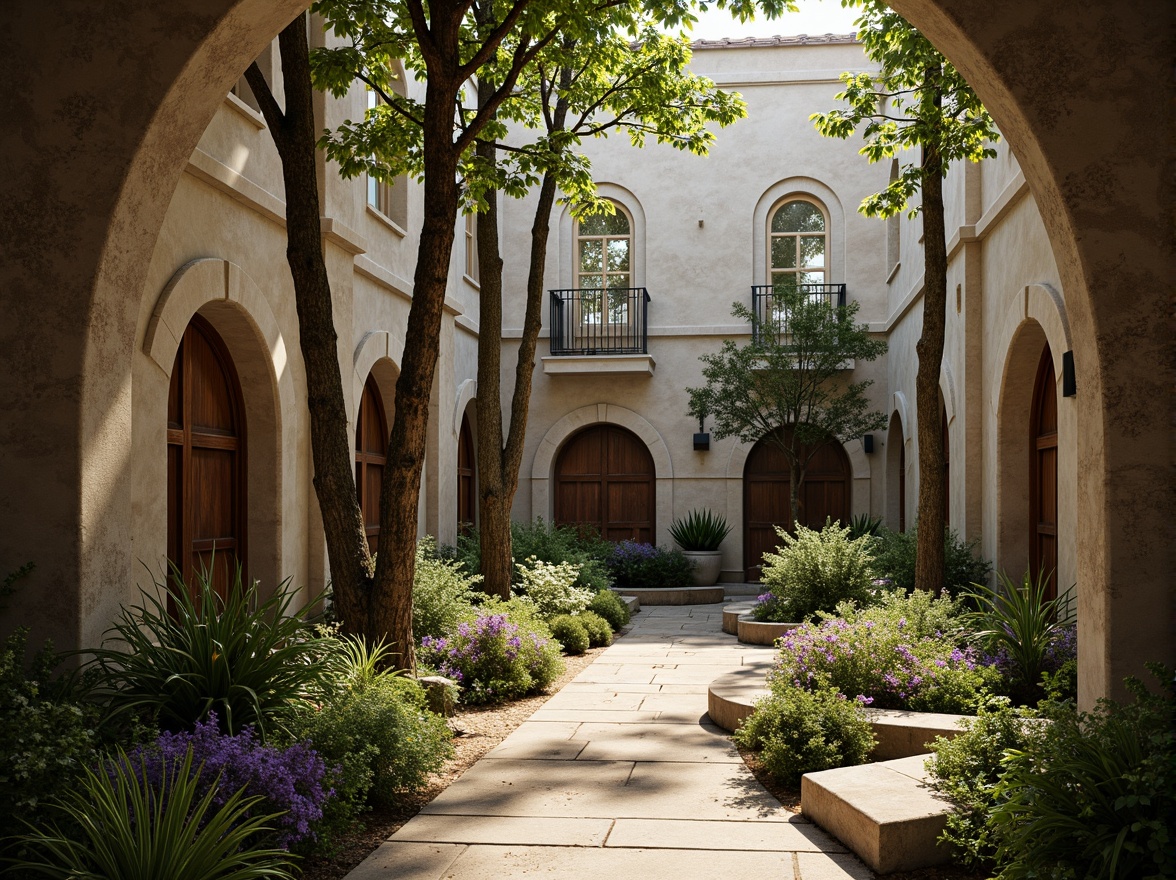 Prompt: Serene monastery courtyard, natural stone walls, rustic wooden doors, stained glass windows, ornate Gothic arches, vaulted ceilings, tranquil atmosphere, soft warm lighting, gentle shadows, peaceful ambiance, lush greenery, blooming flowers, meandering paths, ancient trees, subtle morning light, shallow depth of field, 1/1 composition, realistic textures, ambient occlusion.