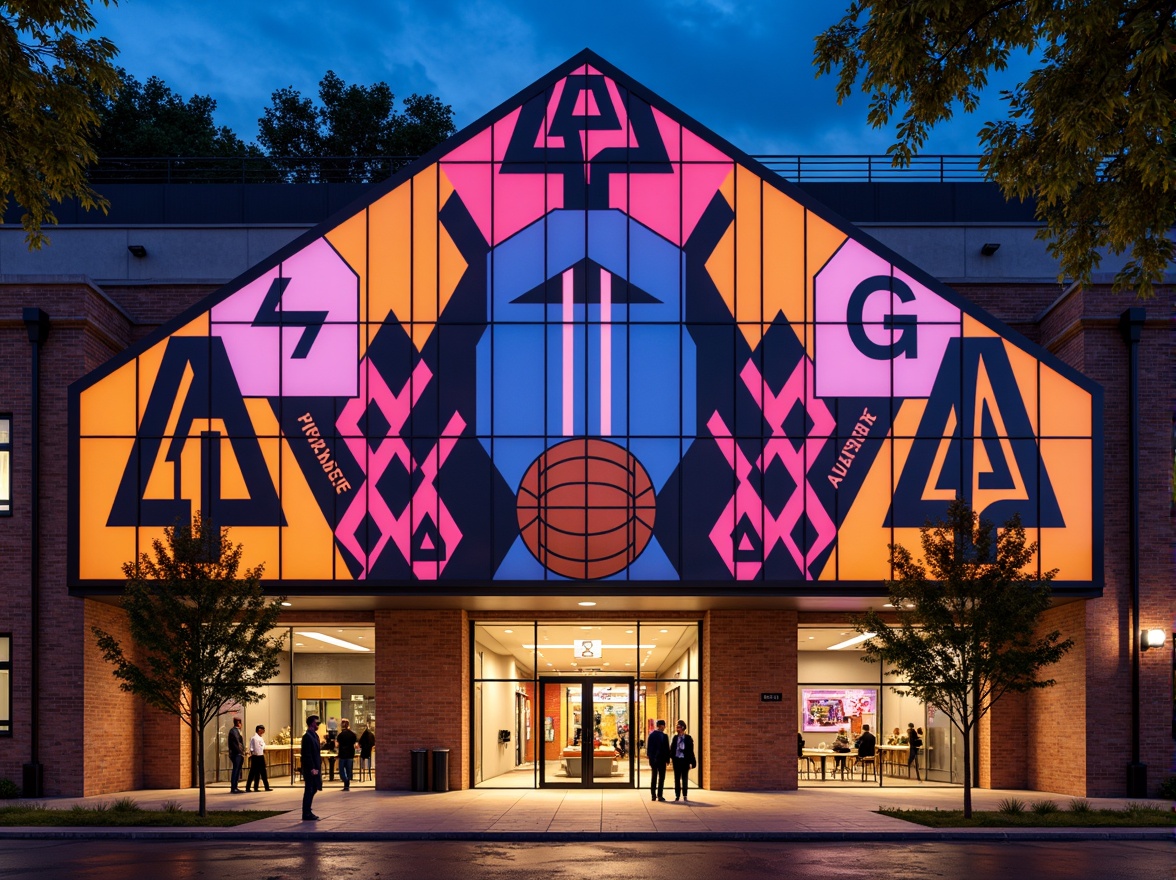 Prompt: Vibrant gymnasium facade, expressive angular forms, bold dynamic lines, contrasting material textures, industrial metal frames, translucent glass panels, geometric patterned brick walls, abstract sculptural elements, oversized athletic symbols, neon color accents, dramatic shading effects, warm golden lighting, atmospheric misting system, 1/2 composition, wide-angle lens view, high-contrast realistic rendering.