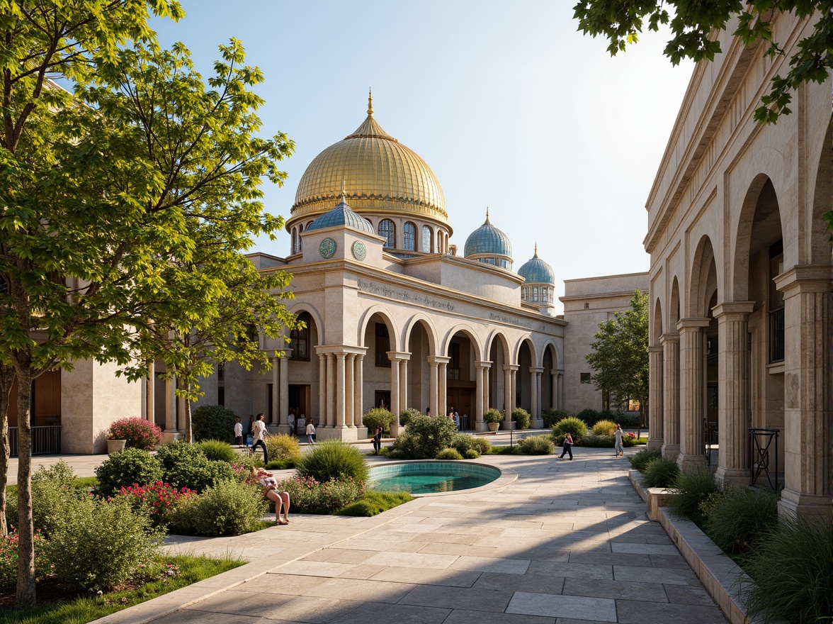 Prompt: Golden Byzantine domes, ornate stone carvings, vibrant turquoise mosaics, intricate archways, grand entrance gates, majestic columns, rustic stone walls, lush greenery, blooming flowers, tranquil water features, warm afternoon sunlight, soft ambient lighting, shallow depth of field, 1/2 composition, panoramic view, realistic textures, ambient occlusion.