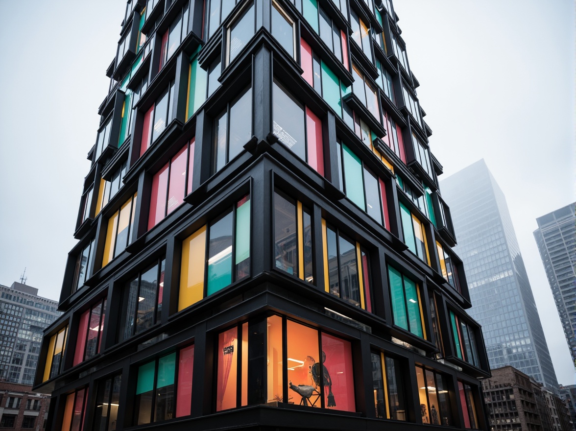 Prompt: Monochromatic tower, sleek metallic fa\u00e7ade, bold geometric shapes, vibrant primary colors, abstract patterned windows, minimalist ornamentation, industrial materials, exposed ductwork, urban cityscape, dense foggy atmosphere, low-angle shot, dramatic lighting, high contrast ratio, 2.35