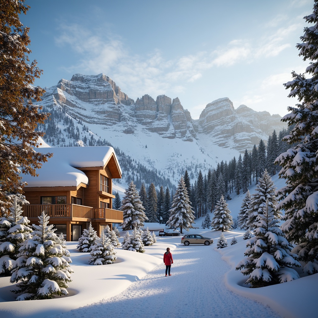 Prompt: Winter wonderland scenery, snow-capped mountains, frosty air, wooden ski lodges, rustic charm, earthy tones, warm beige, icy blues, crisp whites, vibrant reds, adventurous spirit, thrilling slopes, snowy pine trees, frozen lakes, misty mornings, golden sunlight, soft powder snow, dynamic composition, high contrast lighting, realistic textures, atmospheric effects.