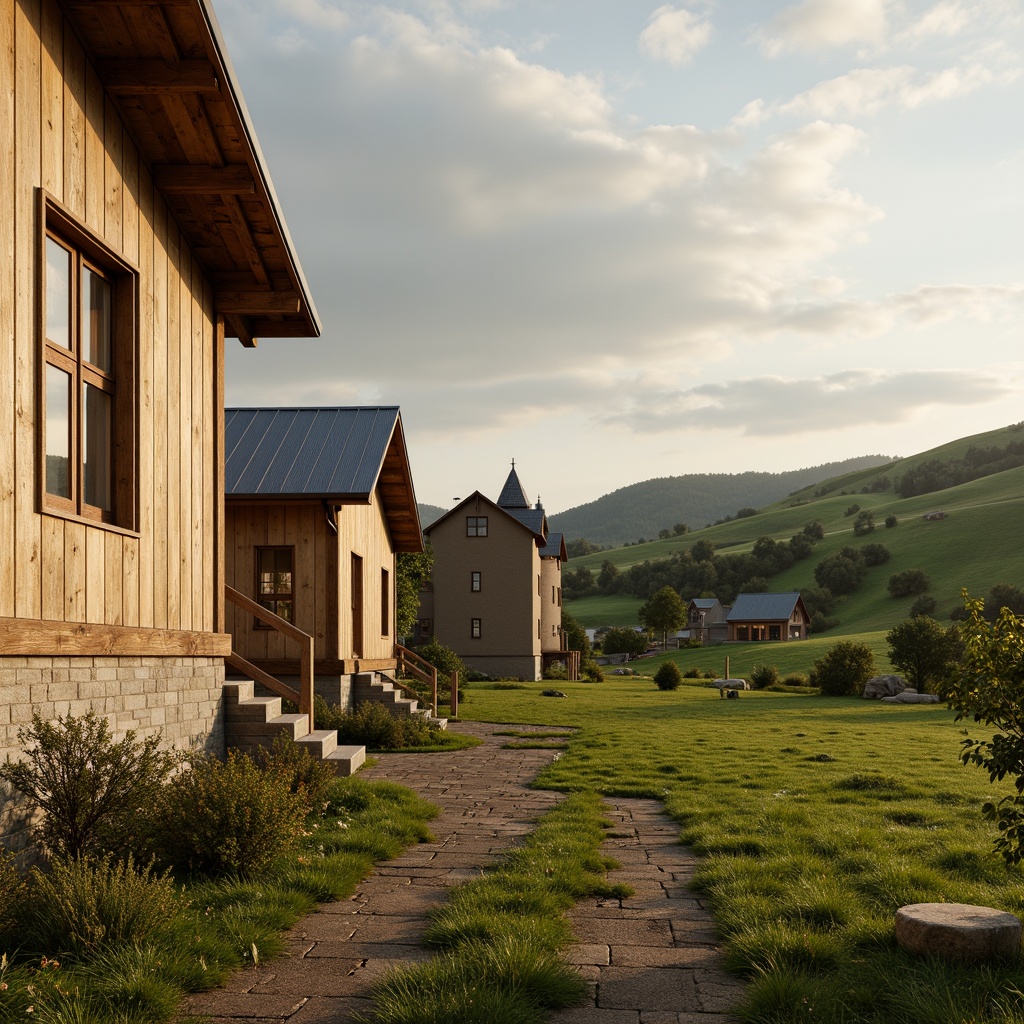 Prompt: Rustic rural landscape, rolling hills, wooden farmhouses, earthy tones, warm beige walls, weathered wood accents, natural stone foundations, lush green pastures, vintage metal roofs, distressed brick textures, soft cloudy skies, gentle warm lighting, shallow depth of field, 1/2 composition, serene atmosphere, realistic earthy materials, ambient occlusion.