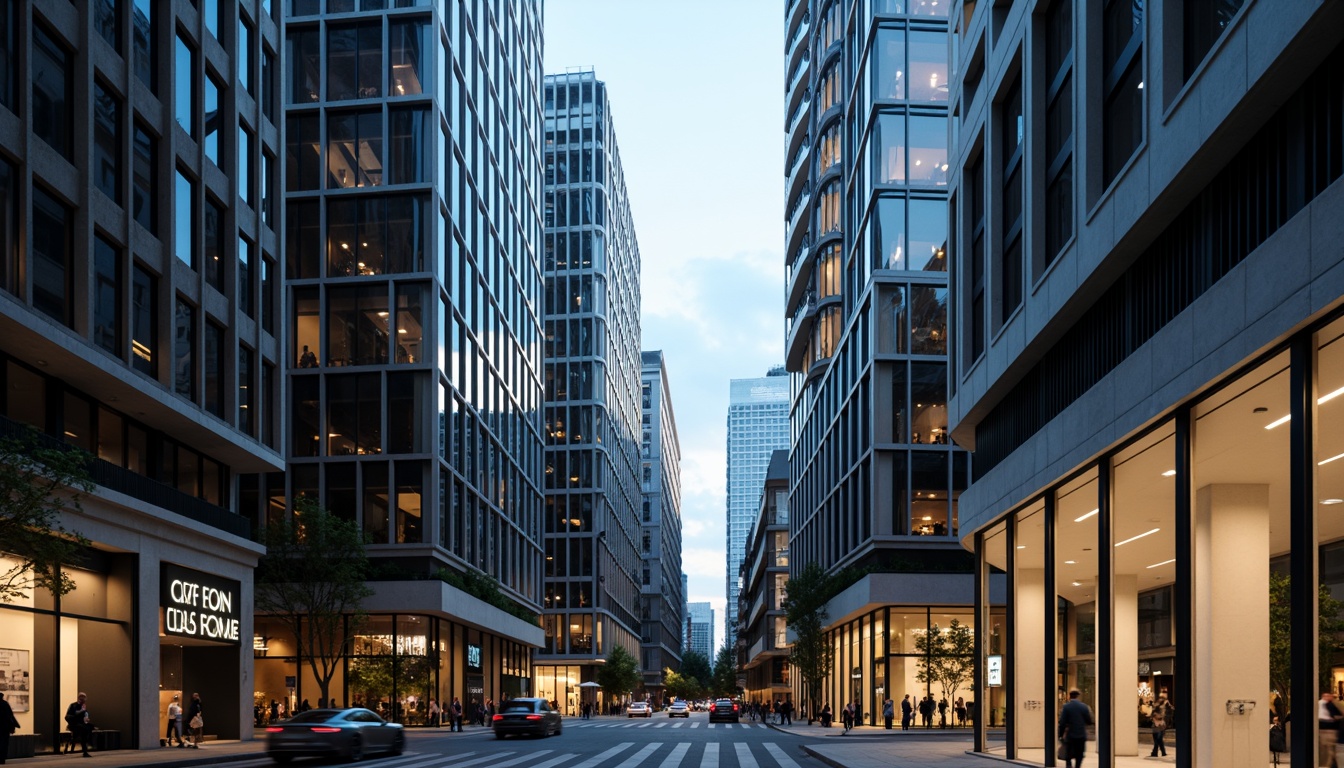 Prompt: Glossy skyscrapers, sleek metal facades, rectangular prisms, futuristic towers, urban cityscape, concrete foundations, steel beams, glass curtain walls, minimalist aesthetic, clean lines, monochromatic color scheme, bold typography, LED lighting systems, evening ambiance, shallow depth of field, 2/3 composition, low-angle shot, realistic reflections, ambient occlusion.