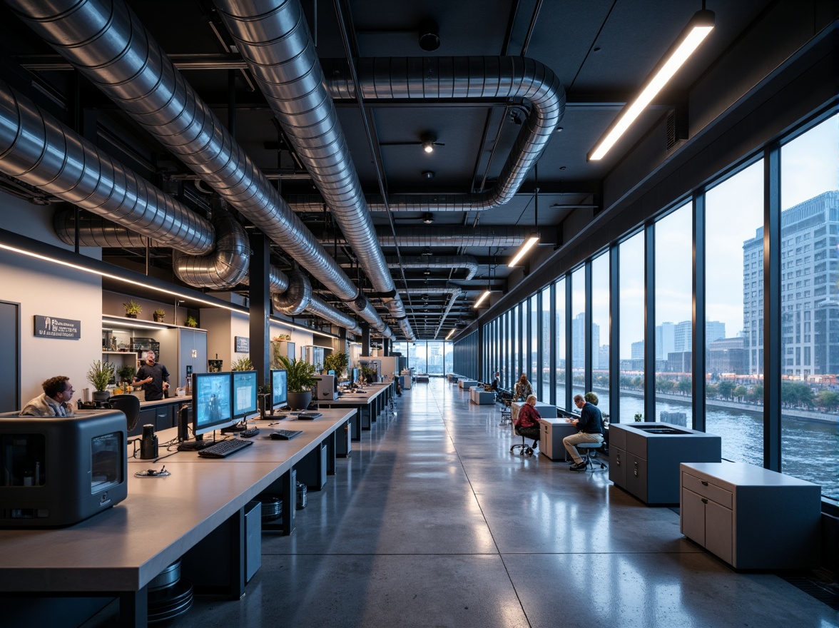 Prompt: Exposed ductwork, metallic beams, polished concrete floors, industrial-style lighting fixtures, sleek glass facades, high-tech laboratories, futuristic research facilities, minimalist workstations, robotic assembly lines, 3D printing machines, neon-lit signage, urban cityscape views, rainy evening atmosphere, shallow depth of field, 1/1 composition, dramatic backlighting, realistic metallic textures, ambient occlusion.