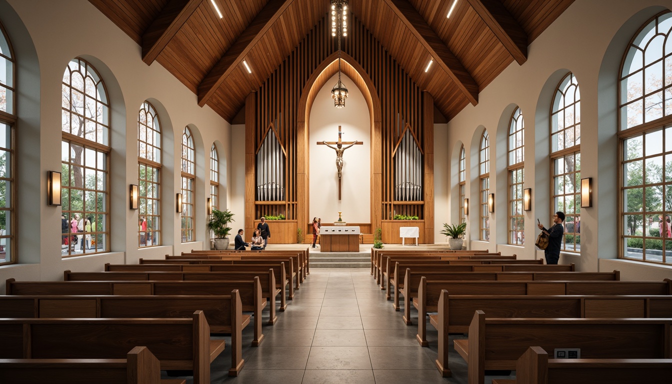 Prompt: Contemporary church interior, minimalist altar, stained glass windows, sleek wooden pews, abstract crucifix, natural stone flooring, ambient lighting, shallow depth of field, 3/4 composition, panoramic view, realistic textures, vaulted ceiling, grand organ pipes, modern chandeliers, neutral color palette, subtle patterns, innovative seating arrangements, adaptive reuse of historical elements, sustainable building materials, eco-friendly design solutions, soft warm illumination, serene atmosphere, quiet contemplation.