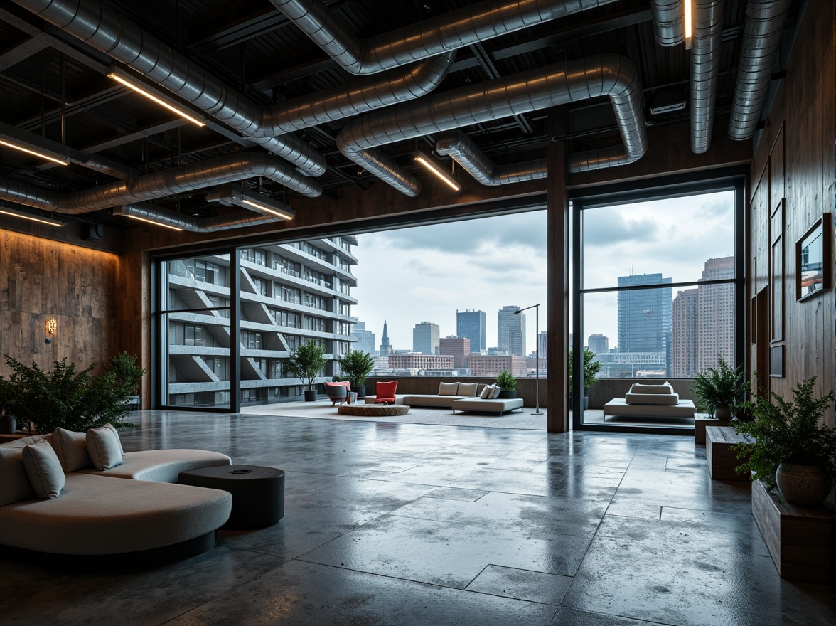 Prompt: Exposed ductwork, metallic beams, polished concrete floors, industrial-style lighting fixtures, reclaimed wood accents, futuristic high-tech architecture, angular glass facades, steel frames, minimalist interior design, automated sliding doors, LED strip lighting, urban cityscape backdrop, overcast cloudy sky, dramatic shadows, cinematic composition, 1/2 camera angle, shallow depth of field, realistic metallic textures, ambient occlusion.