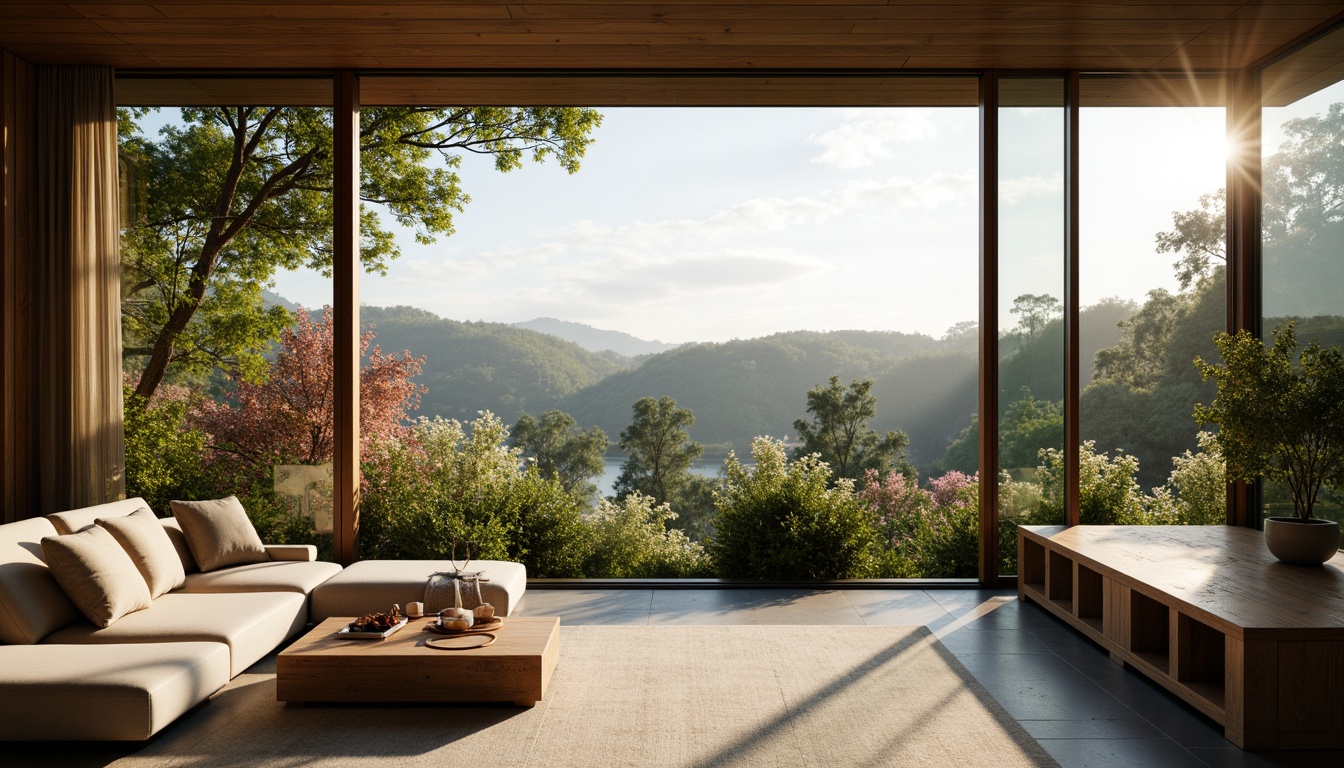 Prompt: Cozy windows, soft warm lighting, breathtaking views, serene natural surroundings, lush greenery, blooming flowers, modern minimalist architecture, sleek glass surfaces, aluminum frames, sliding doors, panoramic vistas, 1/1 composition, shallow depth of field, realistic textures, ambient occlusion, morning sunlight, gentle breeze, peaceful ambiance.