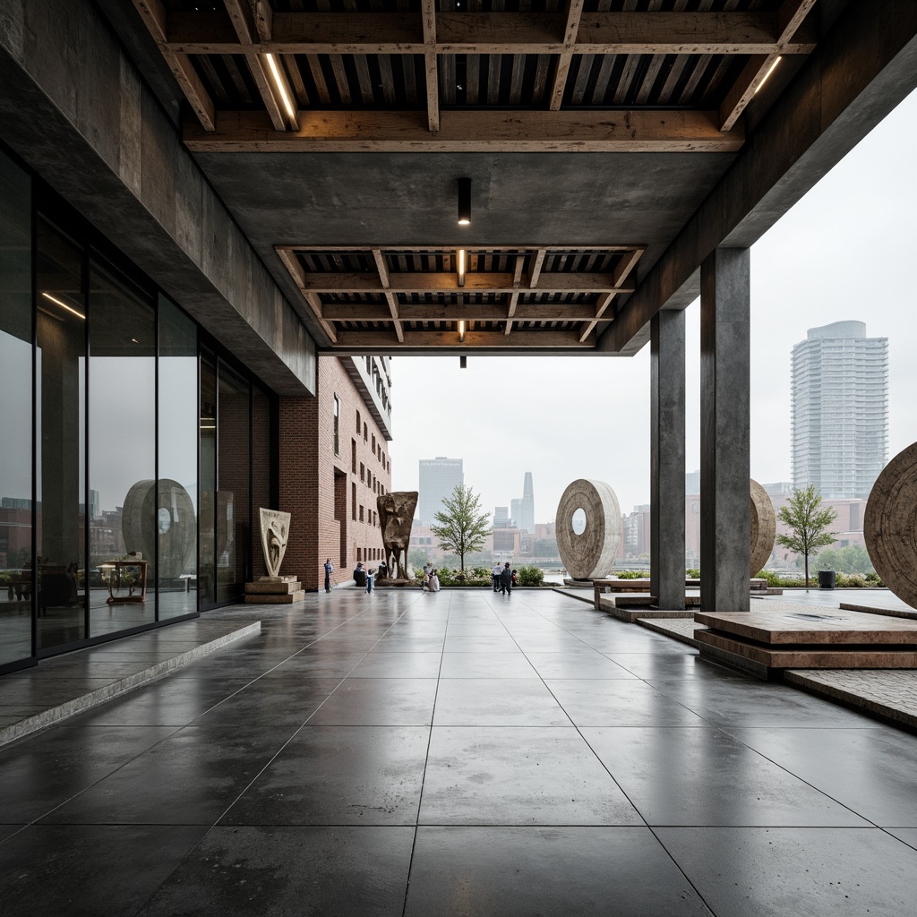 Prompt: Polished concrete floors, exposed brick walls, industrial metal beams, minimalist wooden accents, sleek glass facades, cantilevered roofs, abstract sculptures, urban cityscape, modern skyscrapers, brutalist structures, raw unfinished textures, monochromatic color scheme, high-contrast lighting, dramatic shadows, 1/2 composition, low-angle shot, cinematic mood, atmospheric haze.