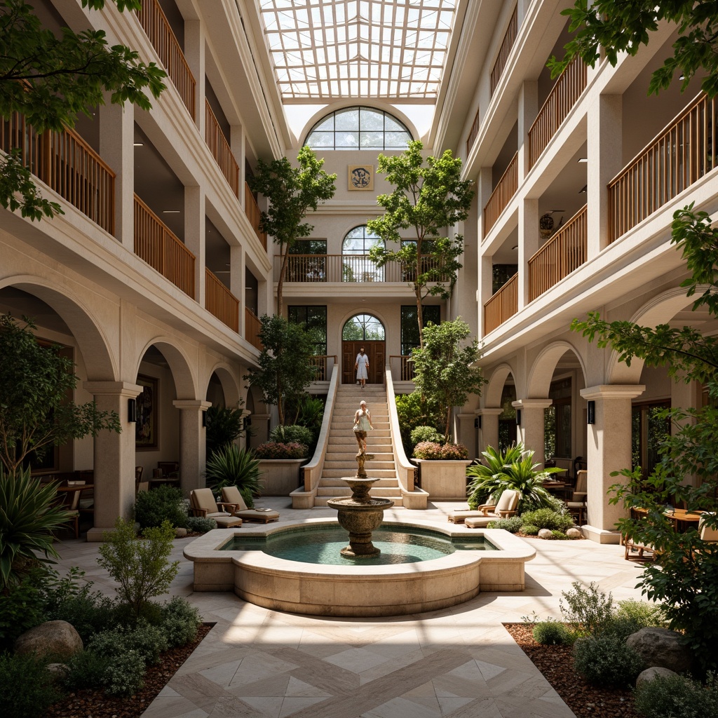 Prompt: Grandiose fitness club, lavish courtyard, ornate fountains, majestic statues, curved staircases, gilded railings, marble floors, intricate murals, vaulted ceilings, crystal chandeliers, lush greenery walls, tropical plants, natural stone pathways, serene water features, soft warm lighting, 1/1 composition, symmetrical framing, realistic textures, ambient occlusion.