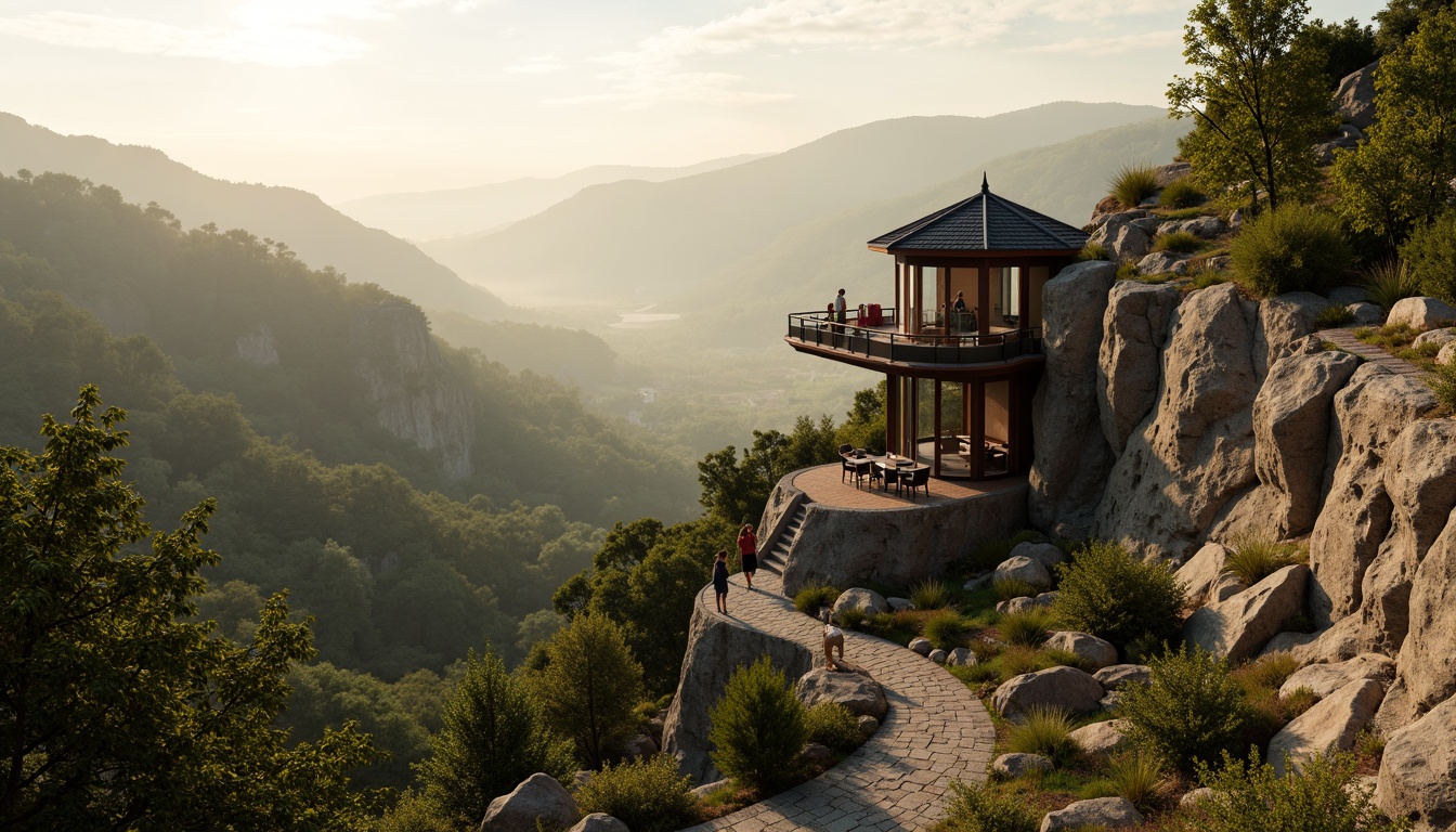 Prompt: Watchtower overlooking serene landscape, rolling hills, lush greenery, winding stone pathways, panoramic views, rustic wooden decks, natural rock formations, weathered stone walls, earthy color palette, blend of modern and traditional architecture, cantilevered structures, asymmetrical composition, dramatic shadows, warm golden lighting, misty atmosphere, soft focus, 1/2 composition, realistic textures, ambient occlusion.