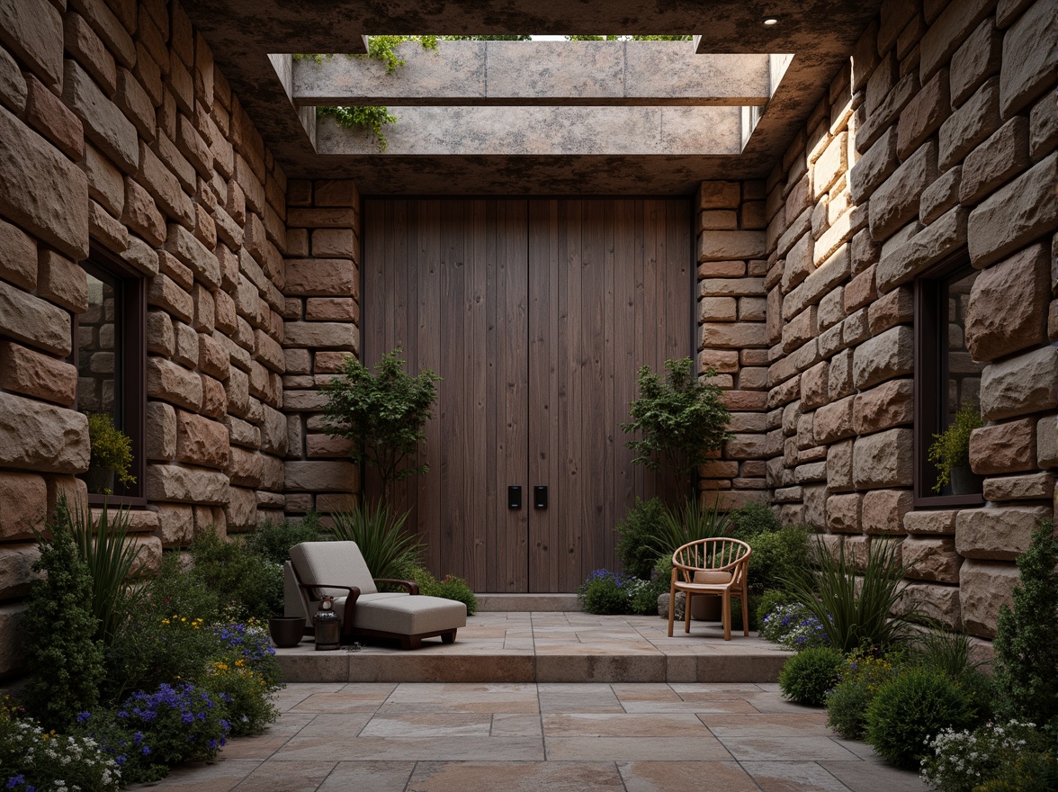 Prompt: Rough stone walls, weathered wood planks, rustic metal accents, tactile brick facades, organic natural forms, earthy color palette, ambient occlusion, subtle normal mapping, realistic material responses, dramatic lighting effects, high-contrast shading, atmospheric perspective, 1/2 composition, cinematic depth cues, immersive spatial experiences.