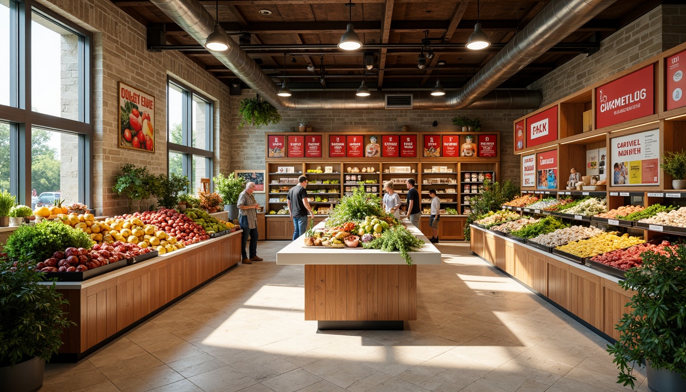 Prompt: Vibrant supermarket, fresh produce stands, rich wood accents, earthy tone flooring, natural stone walls, warm beige shelving, bold red sale signs, creamy white countertops, calming greenery, overhead softbox lighting, modern industrial ceiling design, rustic metal fixtures, abundant natural light, 1/2 composition, shallow depth of field, realistic textures.