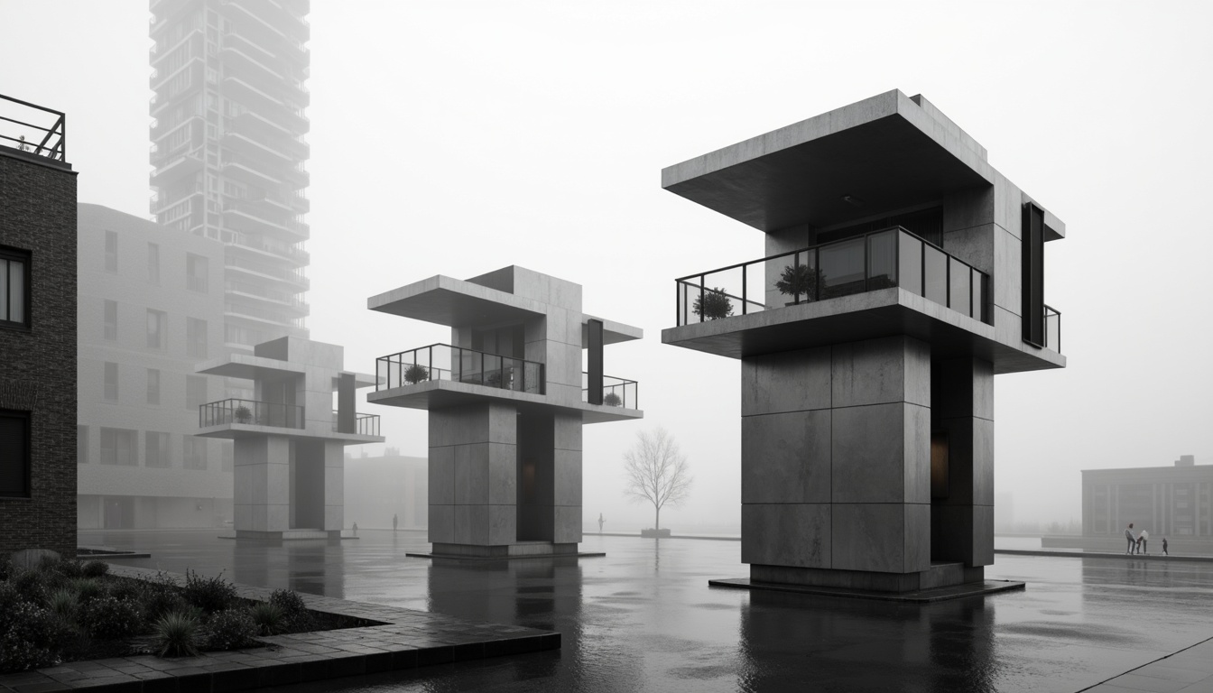 Prompt: Monochromatic watching towers, sleek metallic surfaces, bold black accents, minimalist design, modernist architecture, urban cityscape, foggy morning atmosphere, soft misty lighting, high-contrast shadows, abstract geometric patterns, industrial materials, exposed ductwork, concrete textures, functional simplicity, avant-garde aesthetics, futuristic ambiance, low-poly 3D models, cinematic composition, atmospheric perspective.