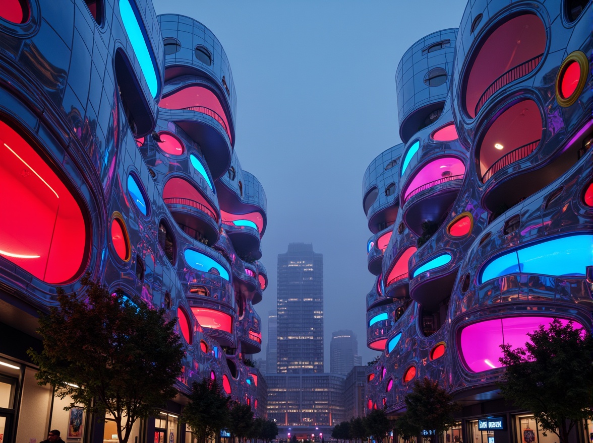 Prompt: Vibrant blob-shaped buildings, neon-lit LED facades, bold color blocking, high-contrast gradients, reflective metallic surfaces, glossy acrylic accents, iridescent materials, holographic patterns, futuristic cityscape, night-time illumination, misty atmosphere, shallow depth of field, 1/1 composition, wide-angle lens, cinematic lighting, detailed textures, ambient occlusion.