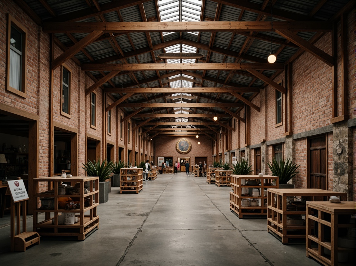 Prompt: Rustic warehouse, exposed brick walls, wooden beam ceilings, metal trusses, concrete floors, industrial lighting fixtures, corrugated metal roofs, vintage cargo lifts, distressed wood crates, retro-style signage, earthy color palette, natural textures, warm soft lighting, shallow depth of field, 1/1 composition, symmetrical framing, realistic atmospheric effects.