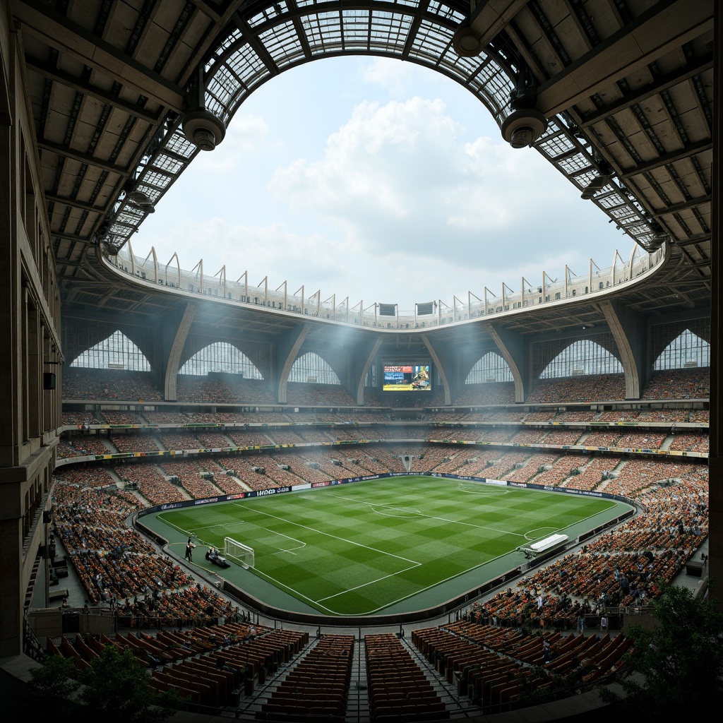 Prompt: Gothic soccer stadium, grandiose architecture, intricate stone carvings, ribbed vaulted ceilings, pointed arches, flying buttresses, stained glass windows, majestic towers, imposing fa\u00e7ades, modern roof trusses, cantilevered canopies, translucent roofing materials, ethereal light filters, misty atmospheric effects, aerial views, dramatic shadows, high contrast lighting, 1/2 composition, symmetrical axis, vibrant team colors, lush greenery surroundings.