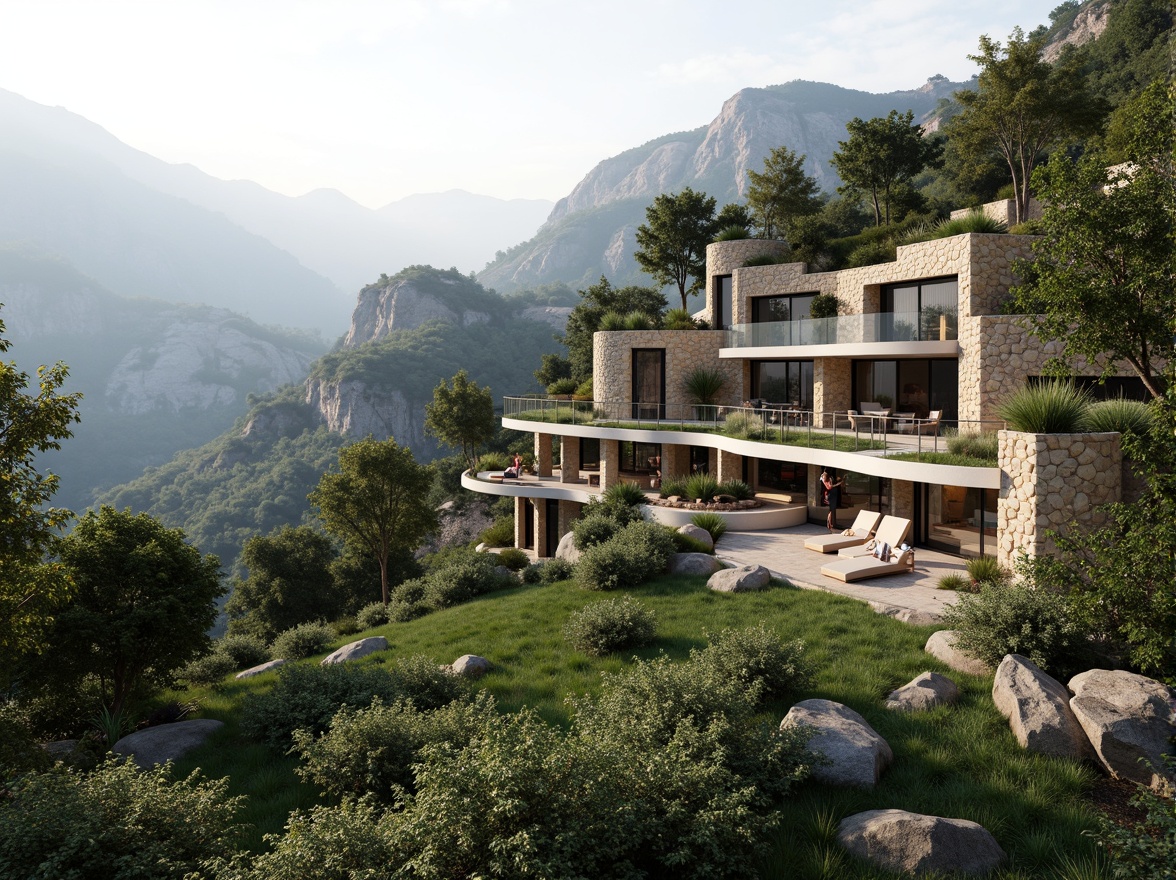 Prompt: Mountainous backdrop, lush vegetation, natural stone walls, curved building lines, green roofs, cantilevered balconies, floor-to-ceiling windows, sliding glass doors, panoramic views, seamless indoor-outdoor transitions, organic architecture, earthy color palette, sustainable materials, rainwater harvesting systems, greywater reuse, living walls, vertical gardens, natural ventilation, soft diffused lighting, 1/2 composition, atmospheric perspective, realistic textures.