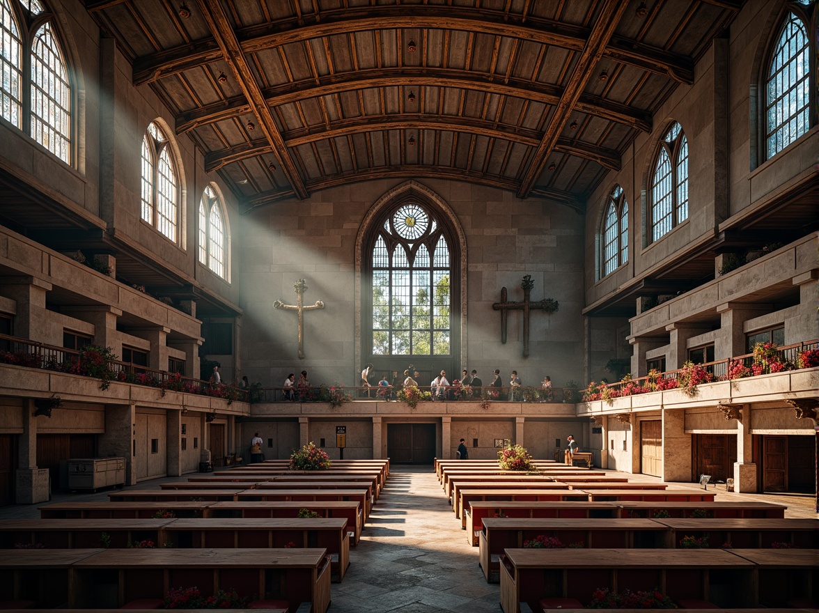 Prompt: Grandiose stadium, ornate Gothic architecture, ribbed vaulted ceilings, flying buttresses, stained glass windows, intricately carved stone facades, weathered limestone walls, rusty metal gates, distressed wood benches, crimson velvet upholstery, golden ornamental details, mystical ambiance, soft warm lighting, dramatic shadows, 1/1 composition, symmetrical framing, realistic textures, ambient occlusion.