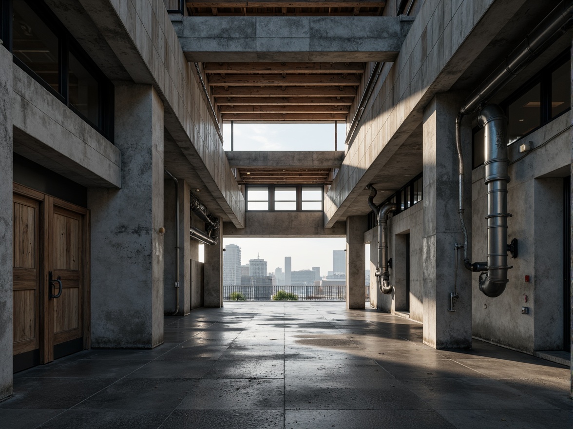 Prompt: Industrial concrete structures, exposed ductwork, metal beams, reclaimed wood accents, raw finishes, urban landscapes, city skylines, brutalist architecture, functional minimalism, monochromatic color schemes, dramatic lighting, low-angle shots, atmospheric haze, cinematic composition, high-contrast textures, realistic renderings.