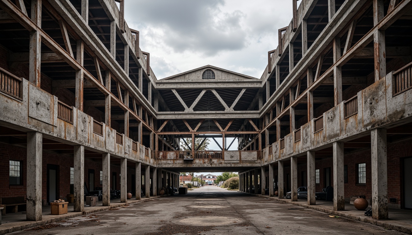 Prompt: Industrial-style warehouse, exposed steel beams, metallic latticework, reinforced concrete foundations, cantilevered rooflines, angular brackets, riveted connections, rustic brick walls, urban landscape, cloudy grey sky, dramatic sidelighting, high contrast ratio, 1/2 composition, symmetrical framing, gritty textures, realistic rust effects.