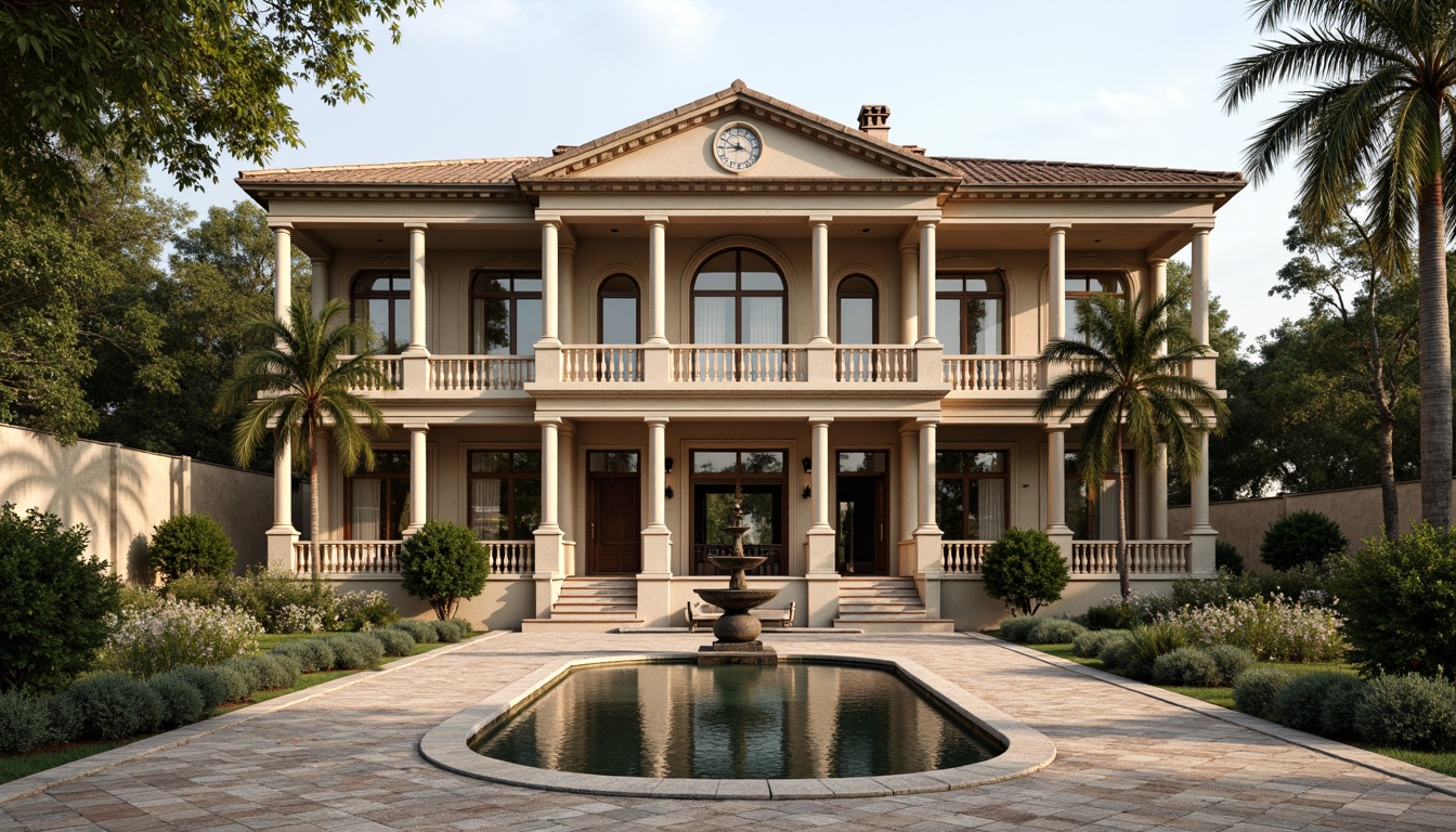 Prompt: Grand villa, symmetrical facade, ornate columns, arched windows, classical pediments, intricately carved doors, elegant balconies, manicured gardens, central fountain, reflective pool, cobblestone pathways, rustic stone walls, warm earthy tones, soft natural light, 1/1 composition, formal architectural style, realistic textures, ambient occlusion.