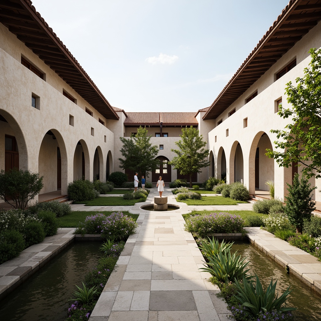 Prompt: Simple monastery architecture, clean lines, minimal ornamentation, neutral color palette, natural stone walls, wooden accents, vaulted ceilings, grand archways, peaceful courtyard, lush greenery, serene water features, subtle lighting, soft shadows, shallow depth of field, 3/4 composition, panoramic view, realistic textures, ambient occlusion.