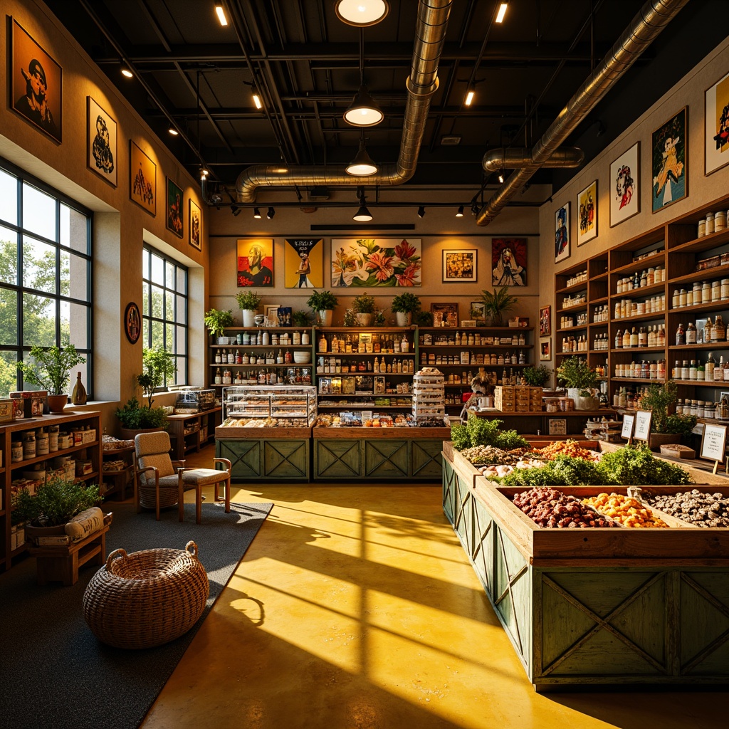 Prompt: Vibrant grocery store interior, warm yellow lighting, soft shadows, rich textures, bustling atmosphere, colorful product displays, eclectic signage, distressed wood shelves, industrial metal racks, rustic stone walls, abstract geometric patterns, moody contrast, cinematic low-key lighting, dramatic spotlights, 1/2 composition, shallow depth of field, realistic ambient occlusion.