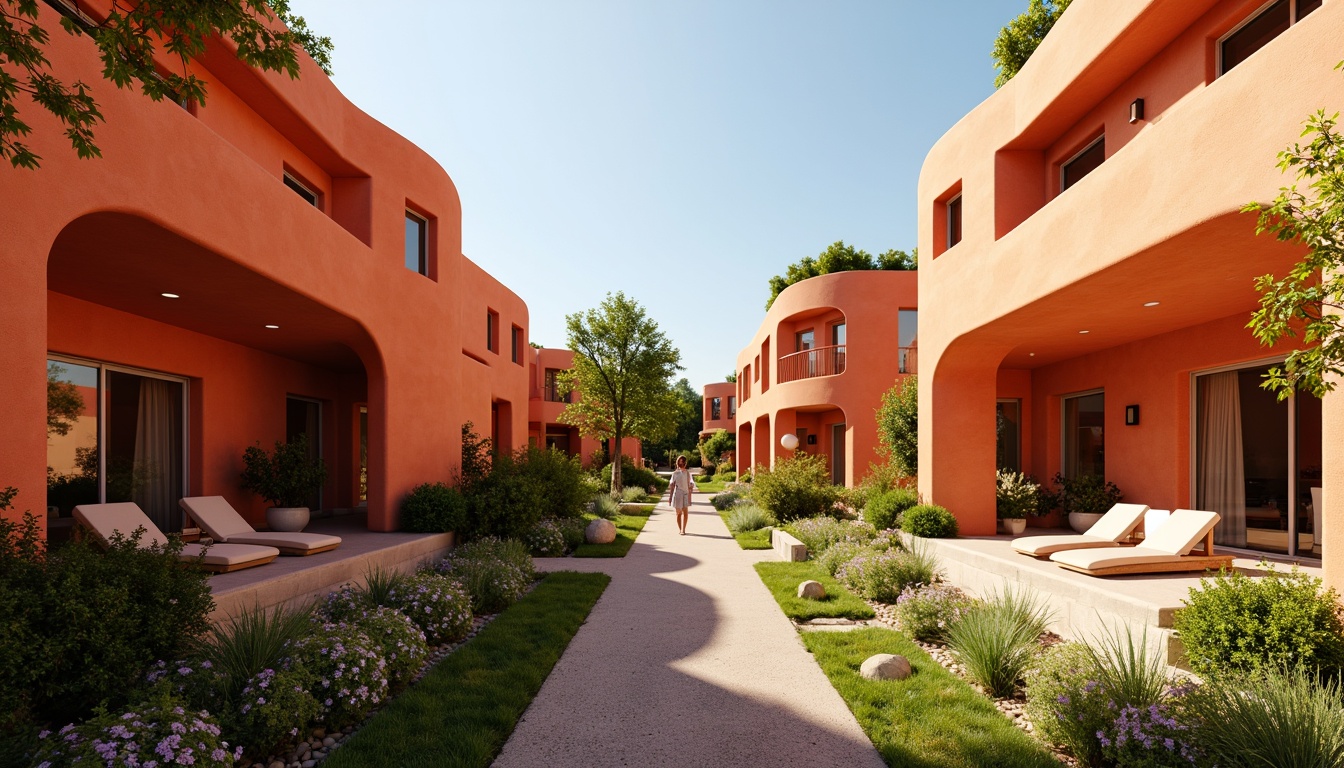 Prompt: Vibrant persimmon-hued buildings, warm orange tones, earthy terracotta accents, natural stone walls, curved lines, modern minimalist design, large windows, glass doors, lush greenery, blooming flowers, sunny day, soft warm lighting, shallow depth of field, 3/4 composition, panoramic view, realistic textures, ambient occlusion.