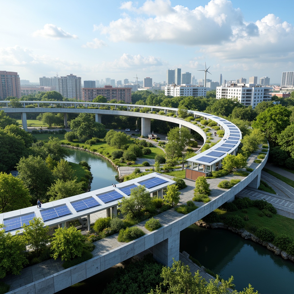 Prompt: Eco-friendly vehicular bridge, lush greenery integrated, solar panels installed, wind turbines powering, recycled metal materials used, energy-harvesting roads, sustainable drainage systems, minimal environmental impact, futuristic curved lines, sleek modern architecture, transparent glass railings, natural stone foundations, vibrant urban landscape, cloudy blue sky, soft diffused lighting, shallow depth of field, 3/4 composition, panoramic view, realistic textures, ambient occlusion.