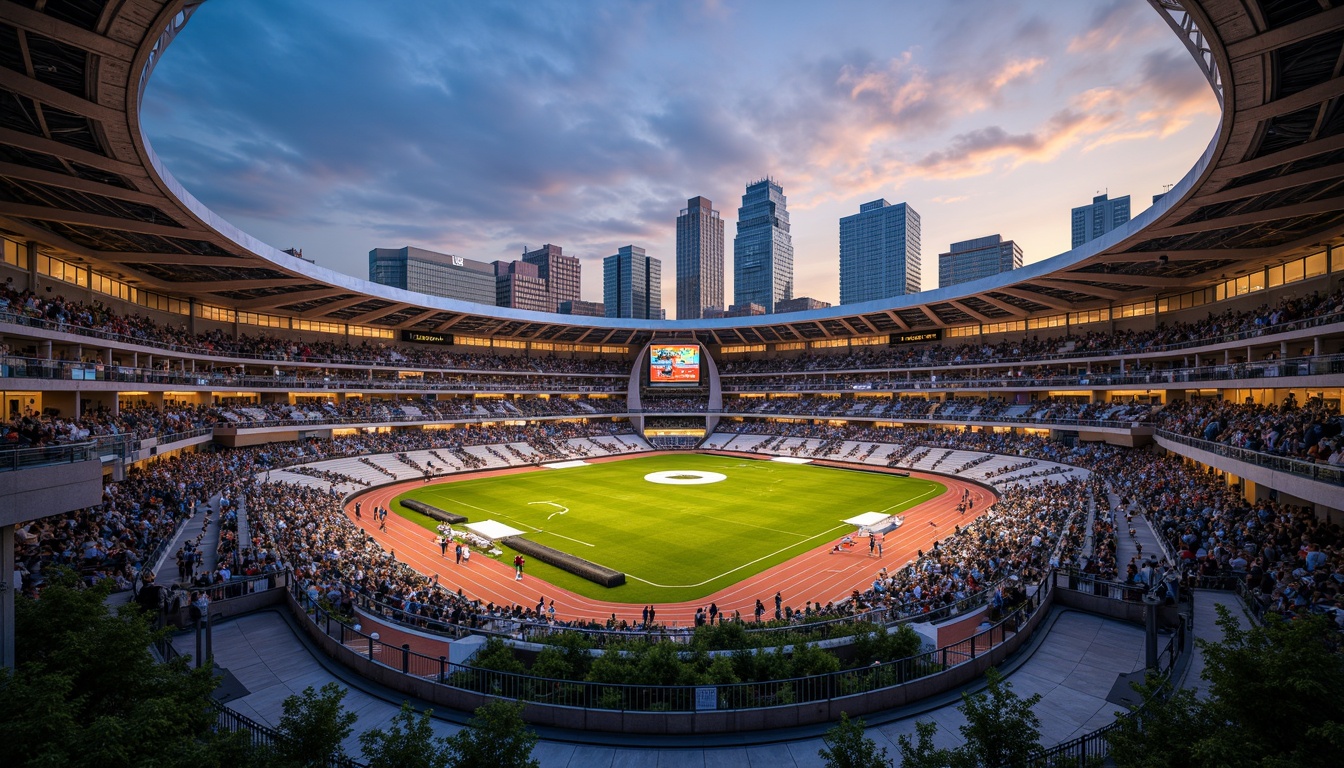 Prompt: Modern stadium architecture, exposed steel structures, bold cantilevered roofs, dynamic curves, sleek metal cladding, industrial aesthetic, urban landscape, vibrant city lights, evening atmosphere, warm golden lighting, dramatic shadows, 3/4 composition, low-angle shot, realistic reflections, ambient occlusion, crowded seating areas, sports-themed decorations, athletic tracks, lush greenery, natural stone walls, concrete flooring, metallic beams, functional minimalism.