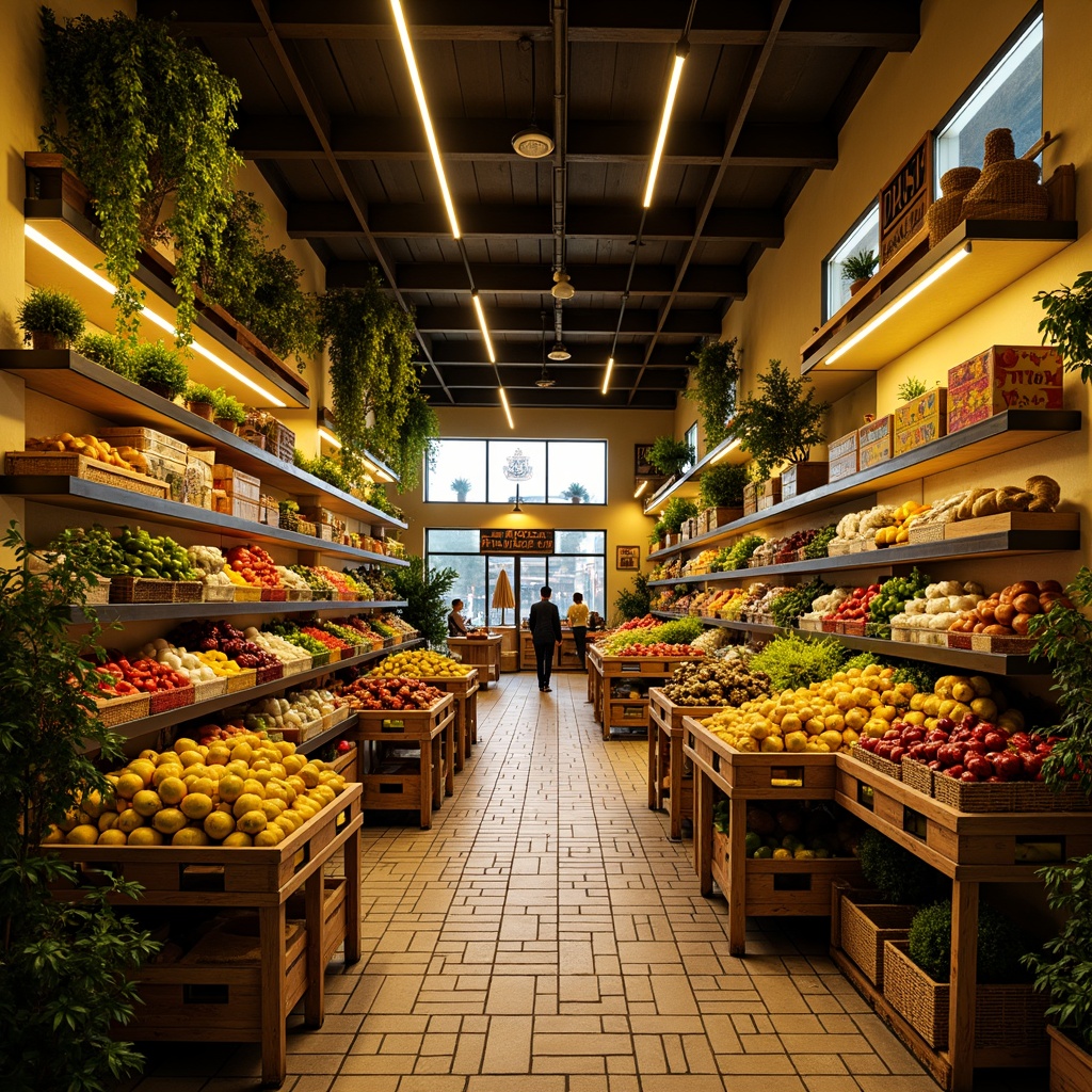 Prompt: Vibrant grocery store interior, warm yellow lighting, soft shadows, bold color accents, eclectic product displays, abstract shelf arrangements, distressed wooden crates, vintage metal signage, ornate decorative tiles, lush greenery, playful typography, high-contrast dramatic lighting, cinematic atmosphere, Dutch angle shots, low-key mood lighting, impressionistic reflections, shallow depth of field, 1/2 composition, warm color grading.