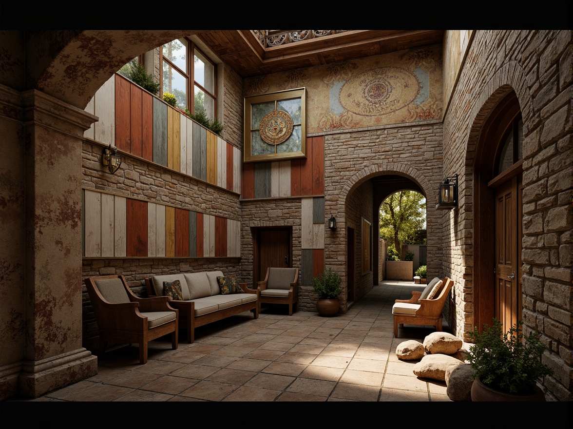 Prompt: Rustic stone walls, weathered wooden planks, distressed metal sheets, rough-hewn brick facades, peeling paint, faded murals, ornate tile mosaics, intricate carvings, natural rock formations, earthy tone color palette, warm ambient lighting, high-contrast shading, dramatic spotlighting, cinematic composition, atmospheric perspective, realistic material textures, subtle normal mapping.