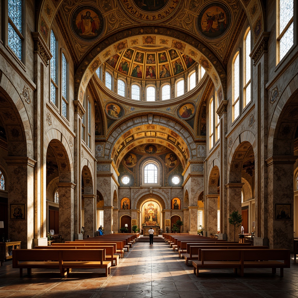 Prompt: Byzantine-style church interior, ornate golden mosaics, intricate stone patterns, vibrant glass tiles, shimmering light reflections, high ceilings, grand domes, ornamental arches, sacred religious icons, richly textured fabrics, luxurious drapery, warm soft lighting, atmospheric ambiance, subtle color gradients, detailed geometric shapes, 3/4 composition, realistic textures, ambient occlusion.