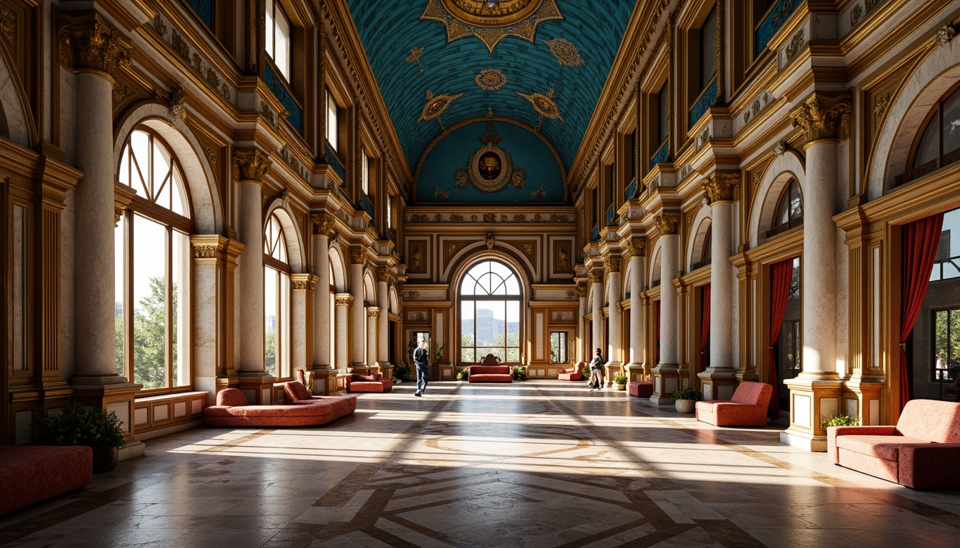 Prompt: Byzantine-style palace, azure domes, golden accents, intricate mosaics, ornate archways, marble columns, lavish furnishings, rich tapestries, regal throne rooms, majestic grand halls, soft warm lighting, dramatic shadows, high contrast ratio, 1/1 composition, realistic textures, ambient occlusion.