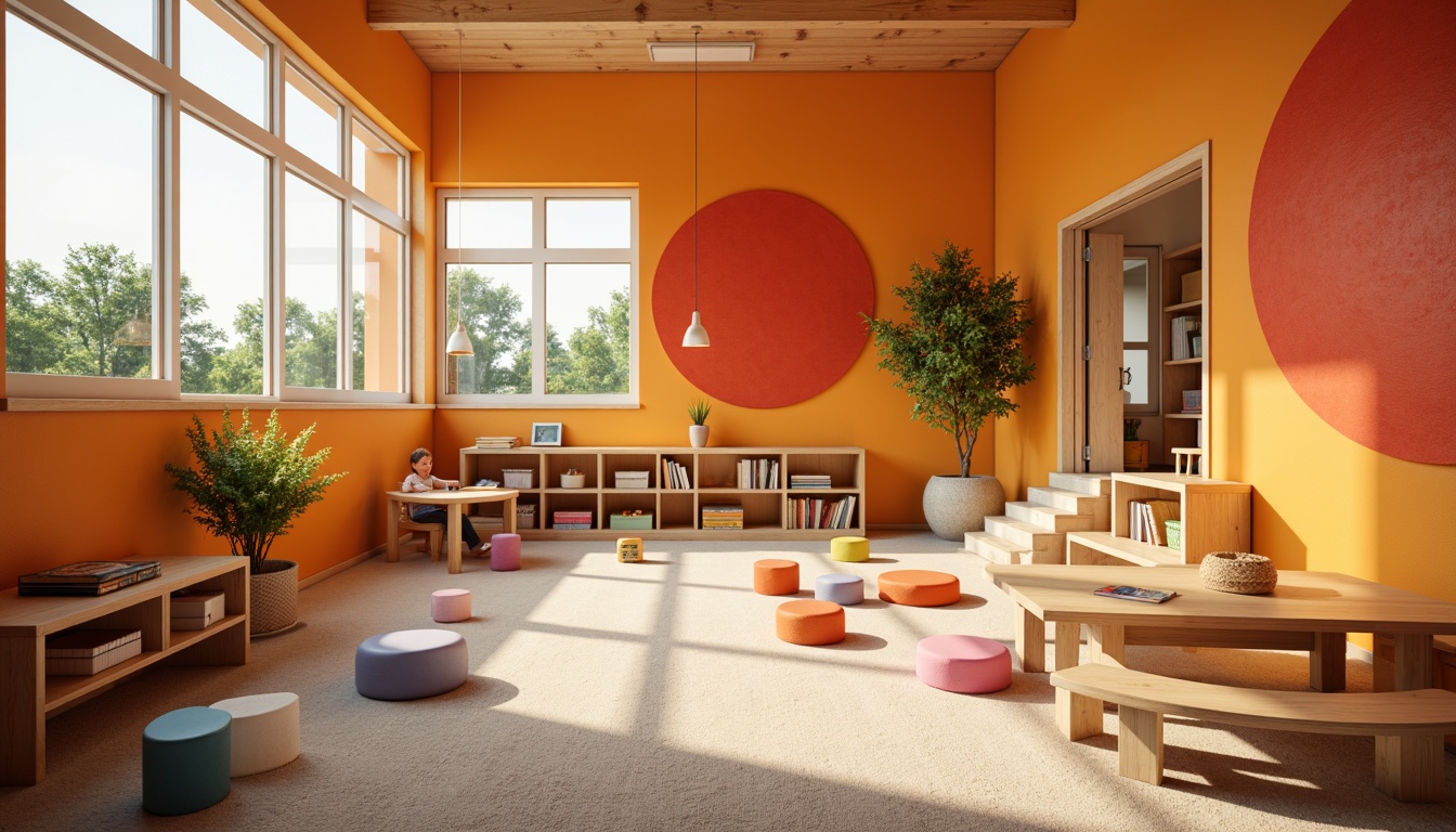 Prompt: Vibrant kindergarten interior, orange accent walls, playful circular shapes, wooden educational furniture, colorful toy blocks, soft carpeted floors, natural light pouring in, large windows, modern minimalist decor, energetic atmosphere, stimulating creativity, warm inviting ambiance, 1/1 composition, shallow depth of field, realistic textures, ambient occlusion.