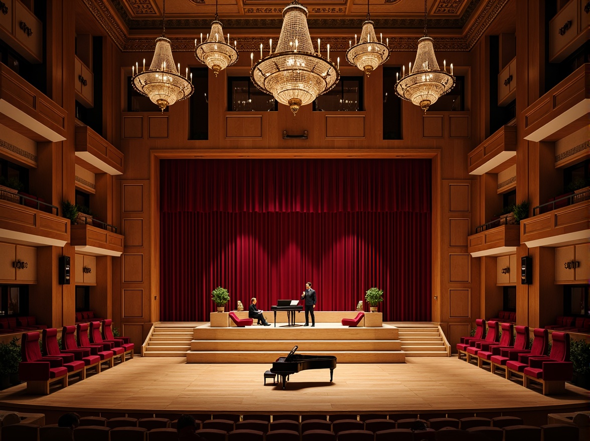 Prompt: Elegant concert house interior, luxurious velvet drapes, polished wooden floors, grand piano centerpiece, plush red armchairs, ornate chandeliers, rich wood paneling, sophisticated sound systems, acoustic panels, tiered seating, intimate performance space, dramatic spot lighting, soft warm ambiance, shallow depth of field, 1/1 composition, realistic textures, ambient occlusion.