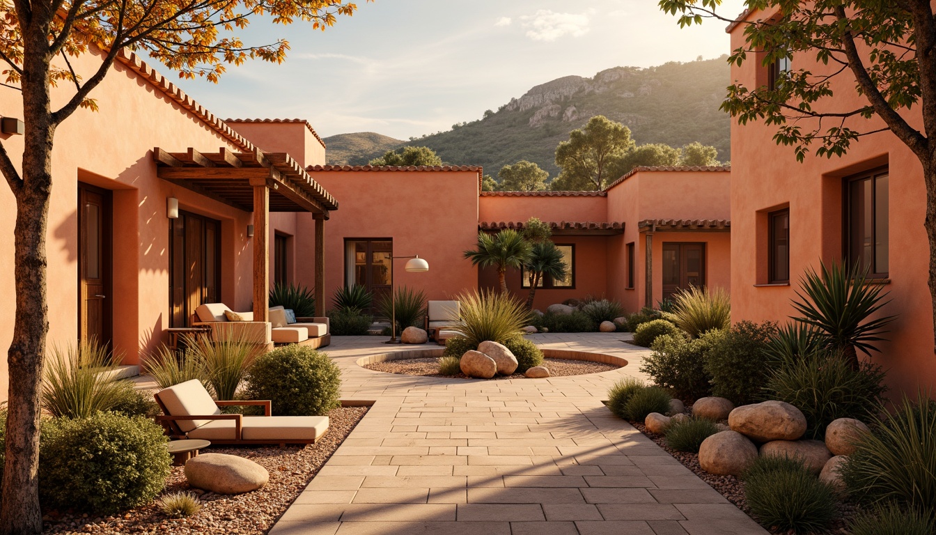 Prompt: Warm persimmon hues, earthy tones, soft apricot shades, natural stone walls, wooden accents, rustic textures, cozy ambiance, inviting atmosphere, autumnal colors, rich terracotta roofs, vibrant orange highlights, subtle cream undertones, Mediterranean-inspired architecture, curvaceous lines, ornate details, warm golden lighting, shallow depth of field, 1/1 composition, realistic materials, ambient occlusion.