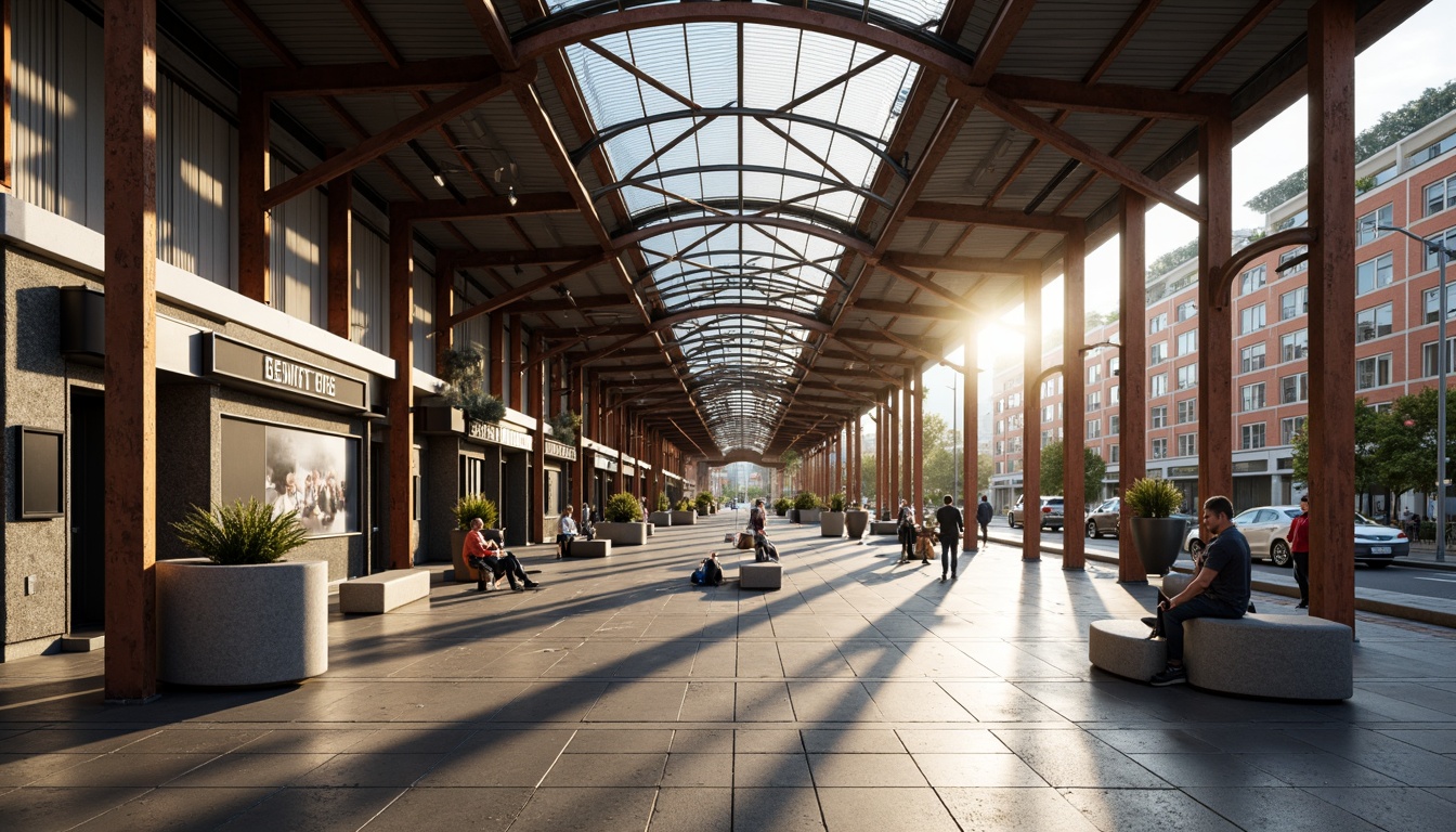 Prompt: Contemporary tram station, sleek metallic structures, curved glass roofs, polished concrete floors, industrial-chic lighting fixtures, urban modern architecture, bustling cityscape, morning rush hour atmosphere, warm natural light, shallow depth of field, 2/3 composition, symmetrical framing, realistic reflections, ambient occlusion, rust-colored steel beams, silver-toned metal accents, textured granite walls, geometric patterned tiles, minimalist seating areas, LED display screens, real-time information systems.