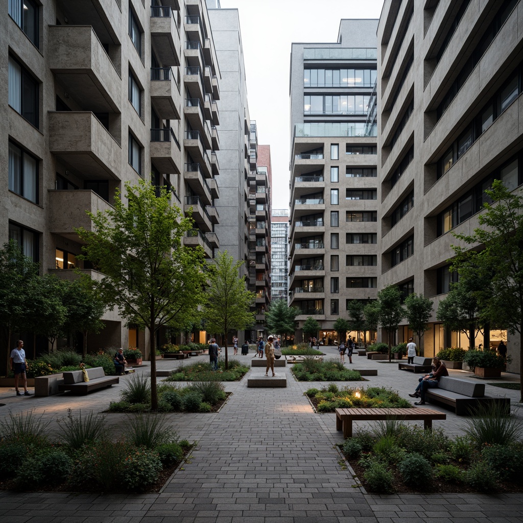 Prompt: Rugged public plaza, brutalist concrete architecture, angular building forms, weathered stone walls, industrial-style lighting, urban forest surroundings, dense foliage, mature trees, seasonal flower beds, meandering pedestrian paths, functional benches, modern sculptures, abstract art installations, moody atmospheric lighting, dramatic shadows, high-contrast textures, gritty urban ambiance, 1/2 composition, wide-angle lens, realistic vegetation, ambient occlusion.