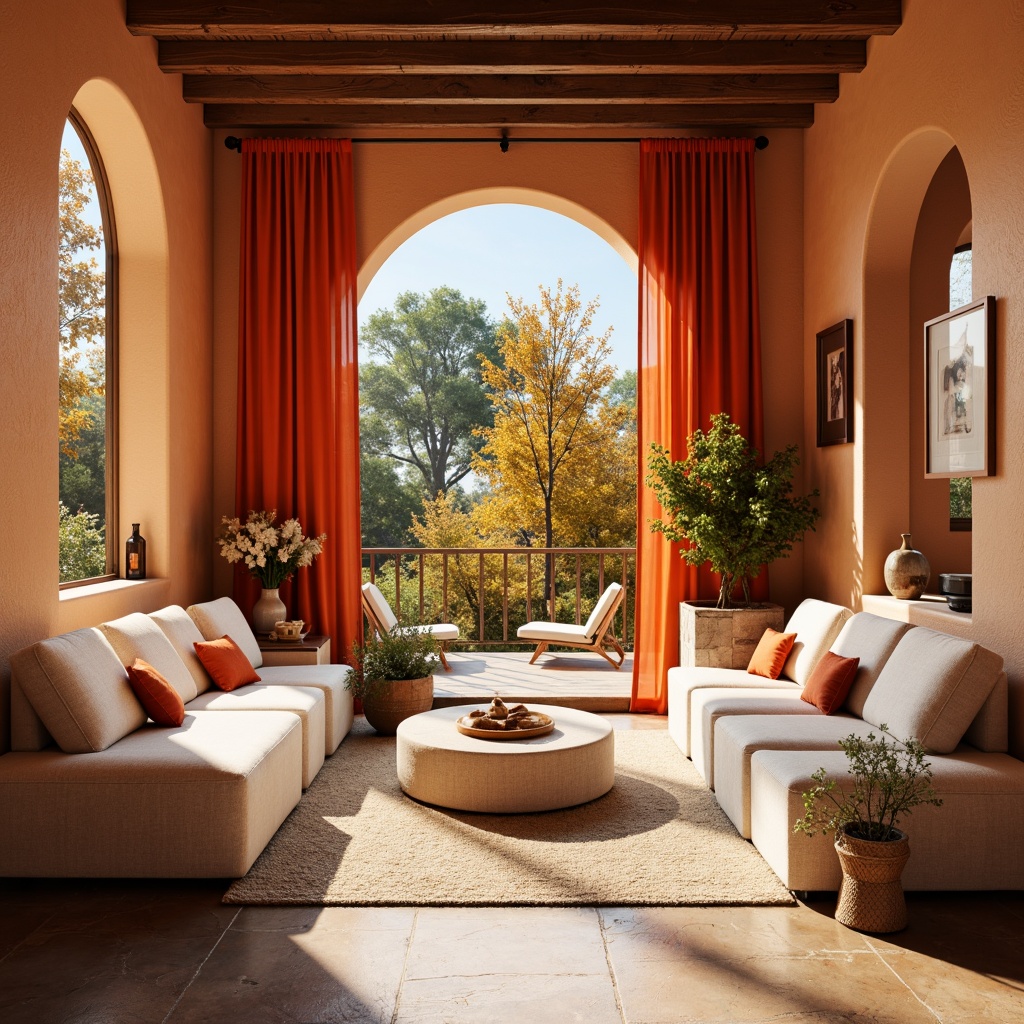 Prompt: Warm persimmon hues, earthy tones, rich terracotta, vibrant orange accents, creamy whites, soft beige, natural stone walls, rustic wooden beams, cozy interior spaces, autumnal foliage, scenic outdoor views, sunny afternoon light, soft shadows, shallow depth of field, 1/2 composition, realistic textures, ambient occlusion.