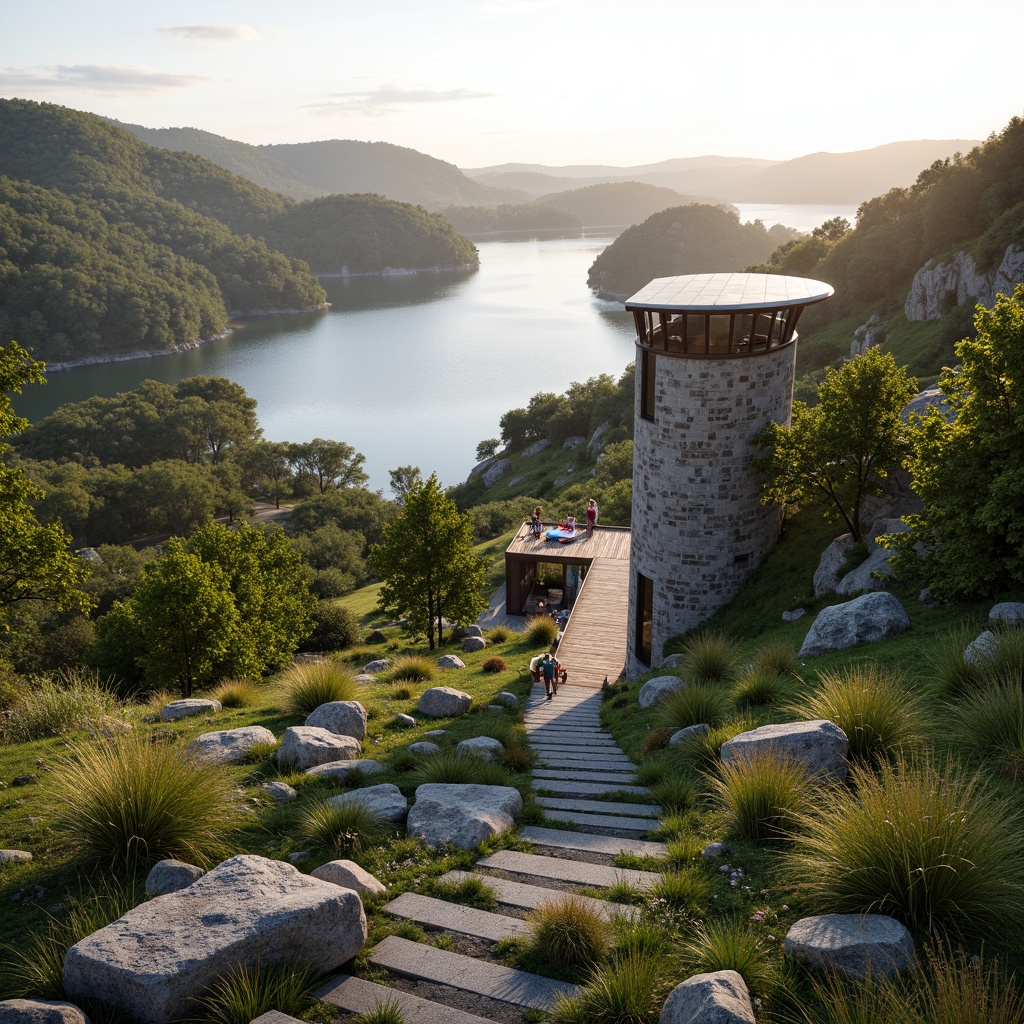 Prompt: Watchtower overlooking serene lake, lush greenery, rolling hills, winding stone paths, wooden bridges, rustic benches, natural rock formations, weathered wood accents, modern minimalist architecture, floor-to-ceiling windows, panoramic views, soft warm lighting, shallow depth of field, 3/4 composition, realistic textures, ambient occlusion.