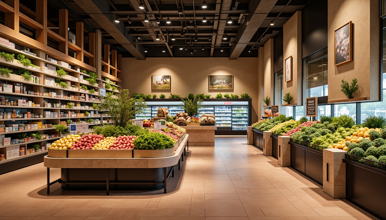 Prompt: Vibrant grocery store, warm beige walls, rich wood accents, fresh green produce displays, appetizing food arrangements, enticing fruit stands, modern metal shelving, sleek glass refrigerators, earthy terracotta flooring, natural stone countertops, inviting signage, soft overhead lighting, 1/2 composition, shallow depth of field, realistic textures, ambient occlusion.