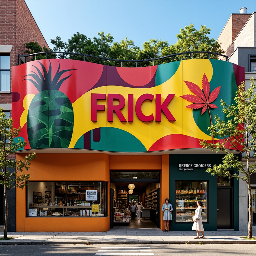 Prompt: Vibrant grocery store facade, bold expressionist architecture, curved lines, abstract shapes, bright color palette, dynamic forms, irregular rhythms, playful typography, oversized signage, ornate metalwork, decorative tile patterns, eclectic mix of materials, reclaimed wood accents, industrial chic elements, urban cityscape background, busy street scene, morning sunlight, soft focus, shallow depth of field, 1/2 composition, cinematic lighting, high-contrast textures.