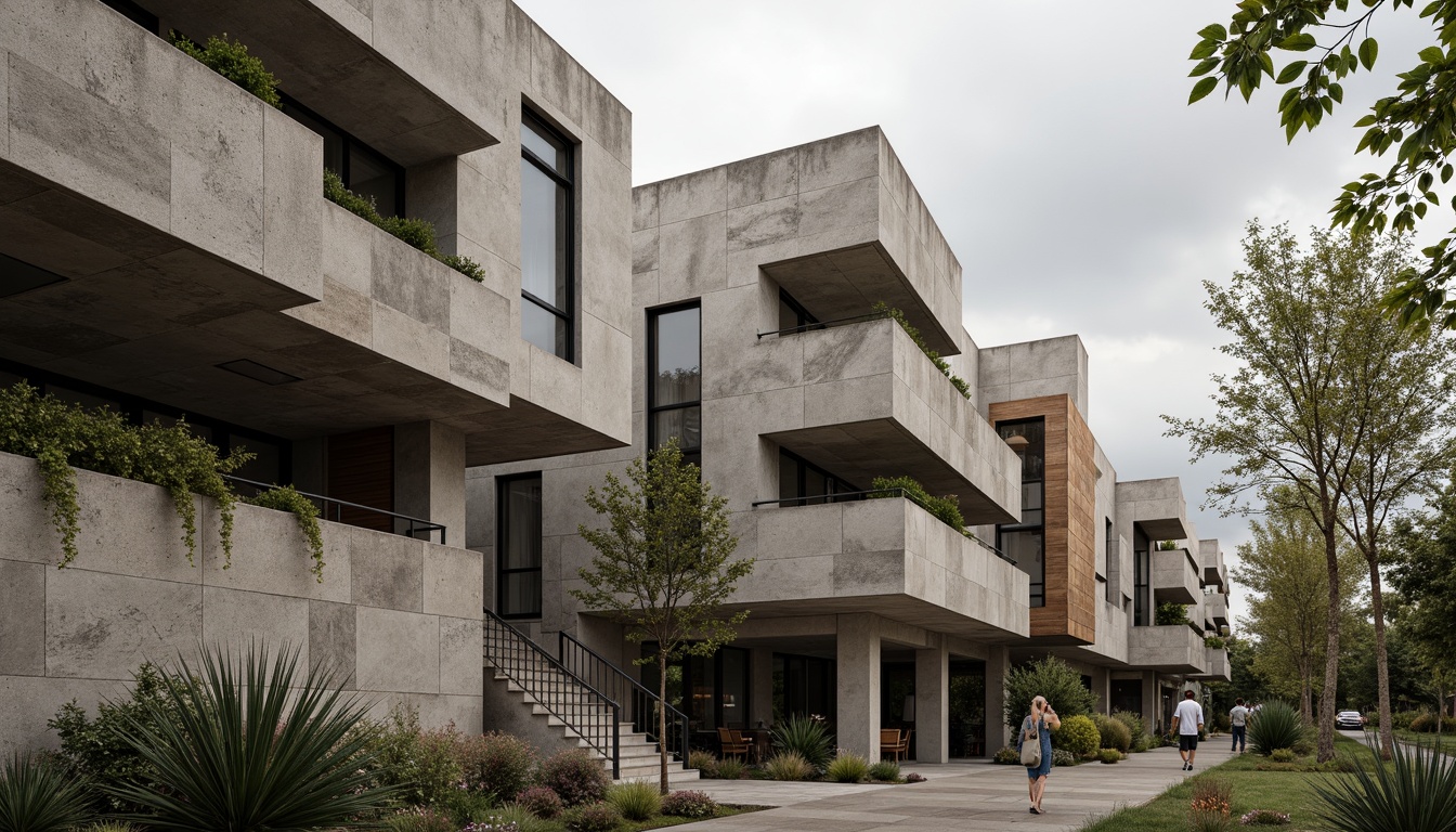 Prompt: Brutalist residential complex, rugged concrete facade, rough stone textures, industrial metal accents, bold geometric forms, cantilevered volumes, dynamic spatial relationships, functionalist aesthetics, exposed ductwork, raw wooden beams, earthy color palette, natural light infiltration, dramatic shadowplay, 1/1 composition, high contrast lighting, detailed architectural textures, ambient occlusion.