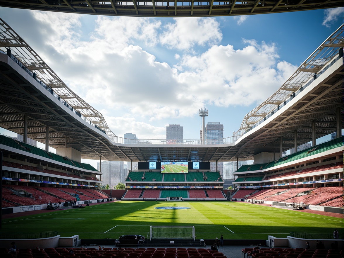 Prompt: Dynamic football stadium, curved lines, asymmetrical structures, cantilevered roofs, futuristic architecture, vibrant color schemes, LED lighting systems, sleek metal facades, angular columns, dramatic entranceways, grandstand seating, lush green grass, athletic tracks, goalposts, scoreboard displays, urban cityscape backdrop, cloudy sky with sunlight, high-contrast shadows, deep depth of field, 2/3 composition, cinematic camera angles, realistic atmospheric effects.